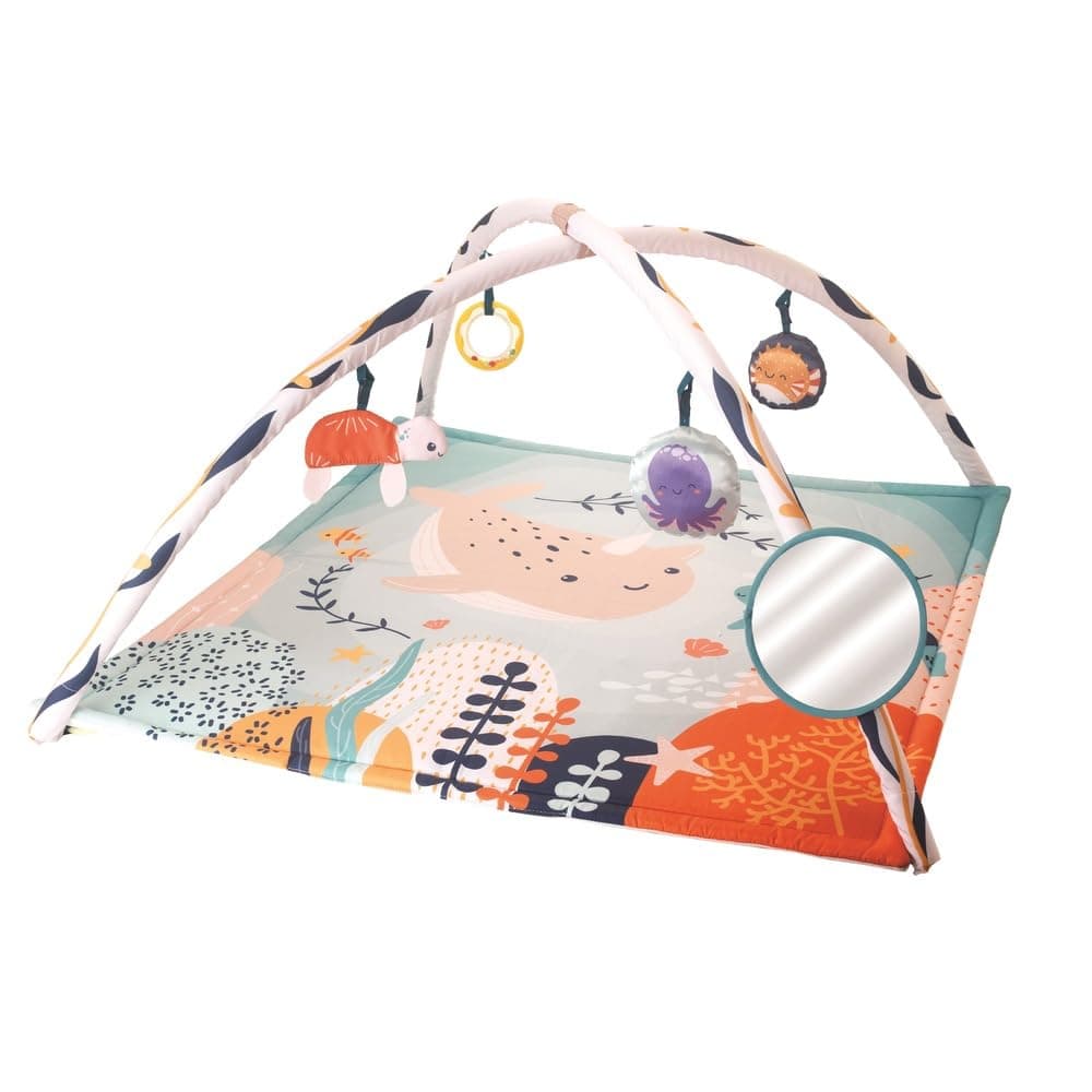 Infantino - Underwater Wonders 3-in-1 Activity Gym with five delightful sea-themed toys, including a peek-a-boo mirror, 3-Ways to Play: Lay & Play, Tummy Time Play, and Sit & Play Sea. Good for infant