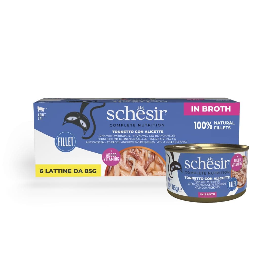 Schesir, Tuna with Anchoytes in Broth, Complete Wet Cat Food, Canned, with Added Vitamins, 100% Natural, 6 x 85 g