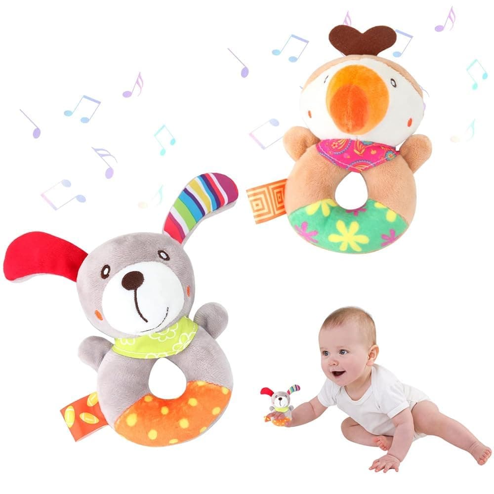 Baby Rattle Toys, KASTWAVE 2 Pcs Plush Soft Animal Hand Rattles, Baby 0-6 Months Rattle Toys, Baby Rattles Toys for Newborn Baby