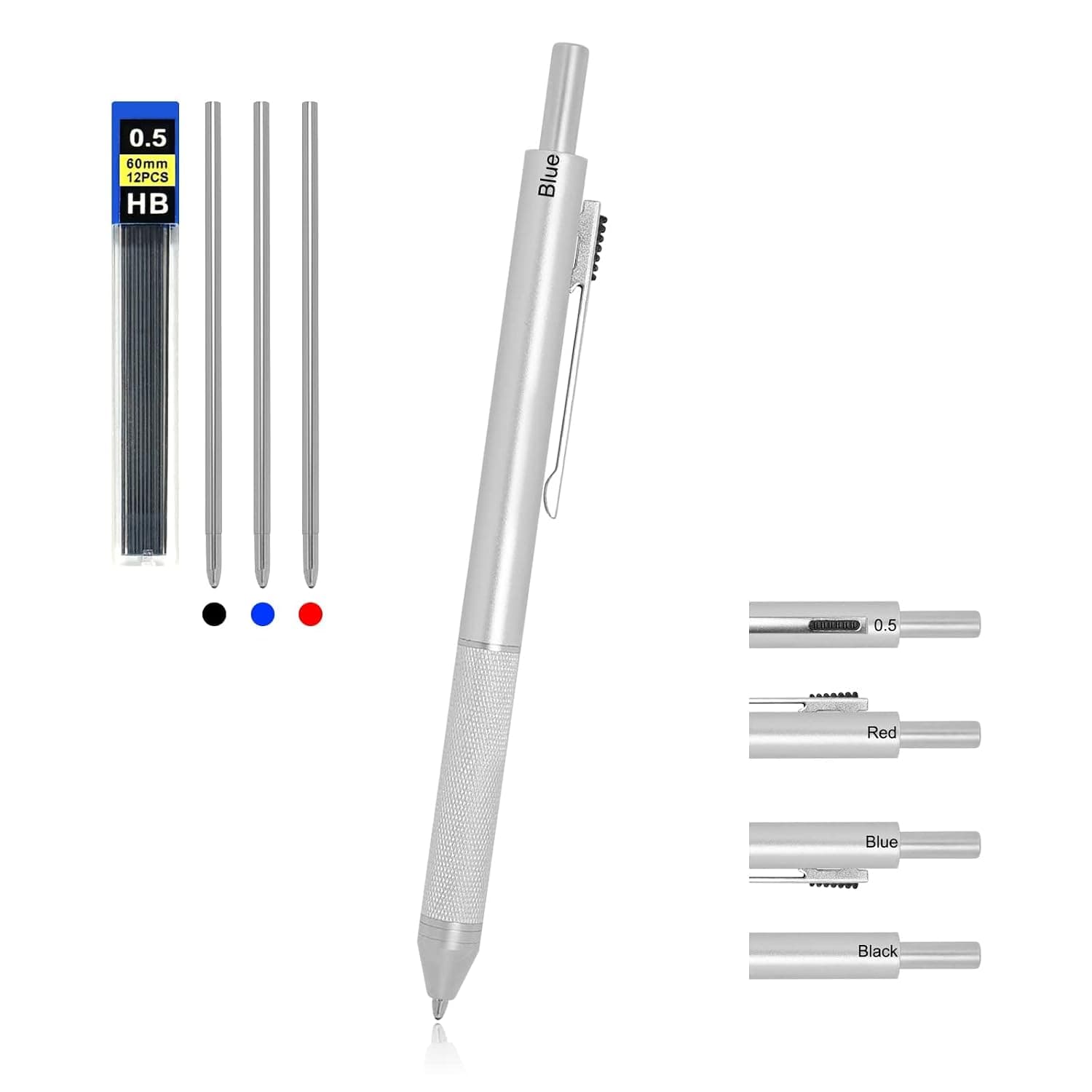 4-in-1 Multicolor Pen - Metal Cased Multi-Function Pen with 0.5mm Mechanical Pencil & Red/Blue/Black Ballpoints | Premium Writing Tool for Journaling, Office & School (Silver)