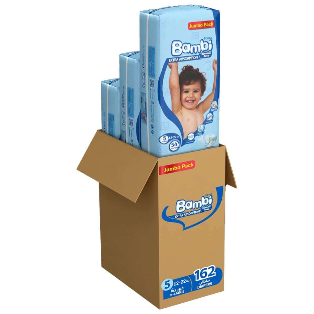 Sanita Bambi Baby Diapers Jumbo Pack Size 5, X-Large, 12-22 KG, 162 Count