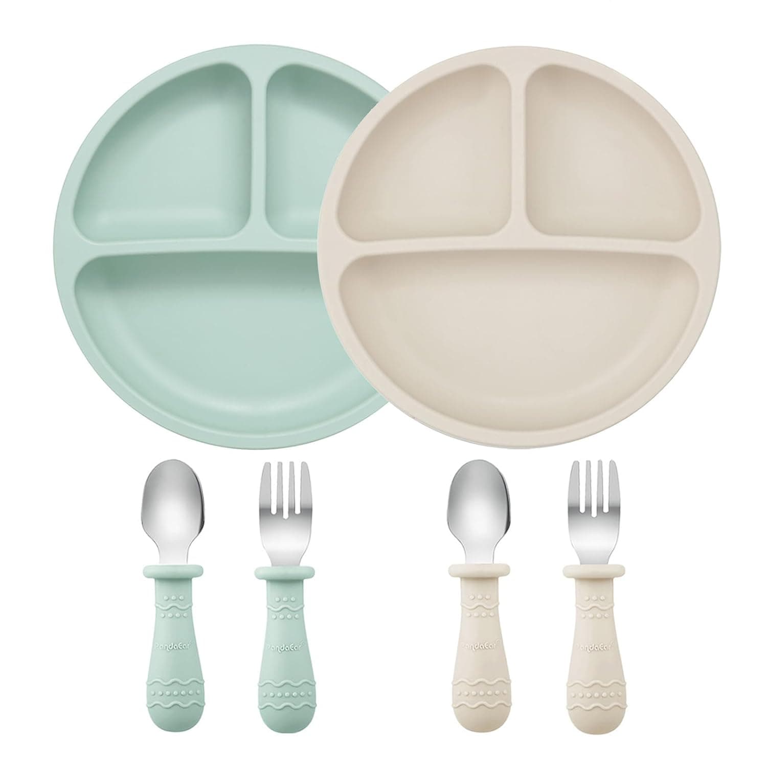 PandaEar 2 Pack Silicone Toddler Suction Plates and 4 Stainless Steel Spoons Forks, Silicone Baby Plates for Toddler Infant Kids, Divided Plate Baby Suction Plates, Non-Slip, Non-Toxic, BPA Free