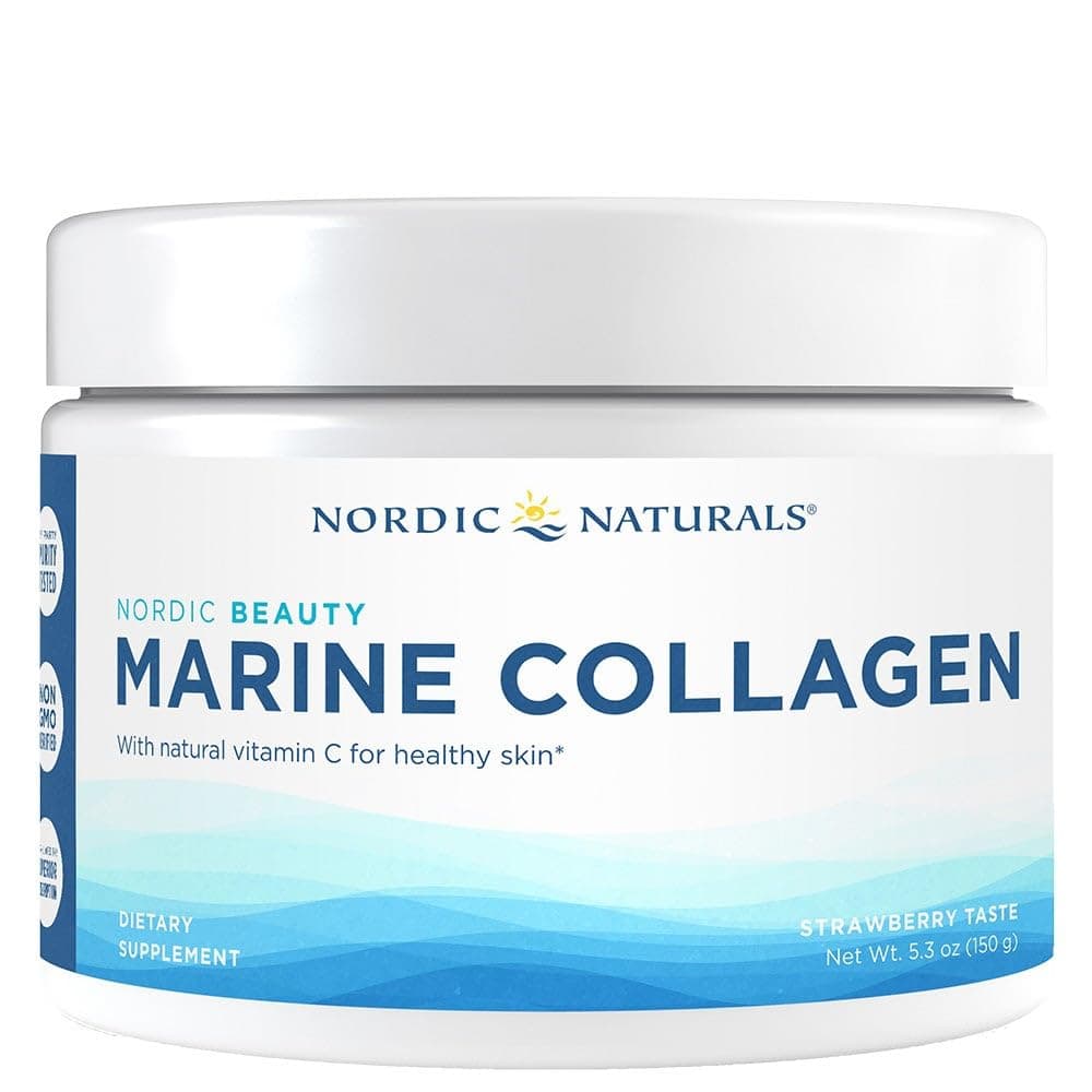 Nordic Naturals Nordic Beauty Marine Collagen Powder with natural Vitamin C for healthy skin. Strawberry flavour 5.3 Oz (150g)