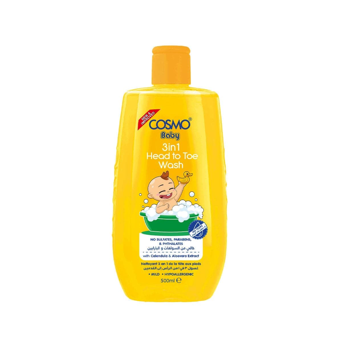 Cosmo Baby Care 3 in 1 Head To Toe Wash 500ml, Best for Sensitive Skin, Tear Free, Sulfates Free, Parabens Free, Phthalates Free, Daily Use, All Skin Types, New Born Baby, Baby Skin Care, Body Wash