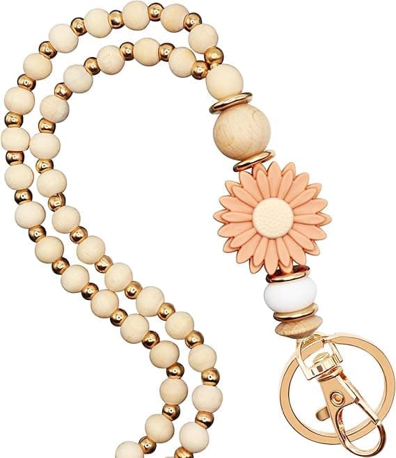 Wooden Teacher Lanyards for Id Badge Cute Flower Wood and Gold Beaded Neck Lanyards for Women Stylish ID Holder
