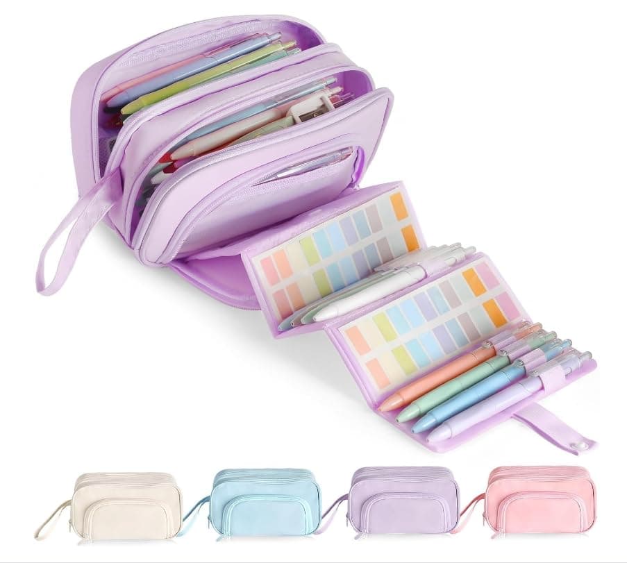 HASTHIP® Large Capacity Pencil Case with Expandable Compartment, Multi-Functional Zippered Pouch for Girls, Office and School Supplies, Purple