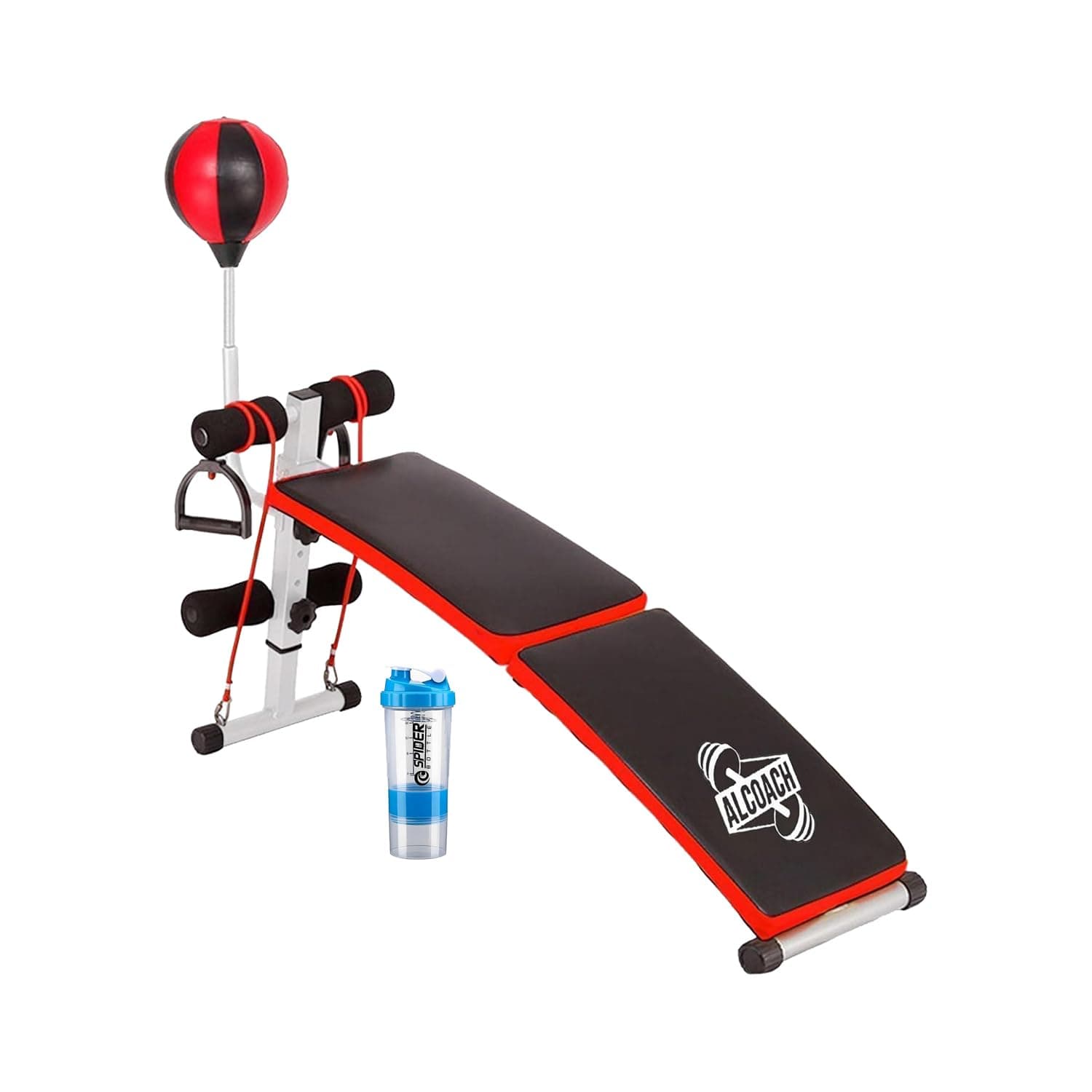 ALCOACH Curved Sit-Up Bench With Leg Support, Multi-functional Gym Equipment, (With shaker gift) Abdominal Workout Exercises and Decline Full Body Workout with Training Resistance Ropes (Blue)