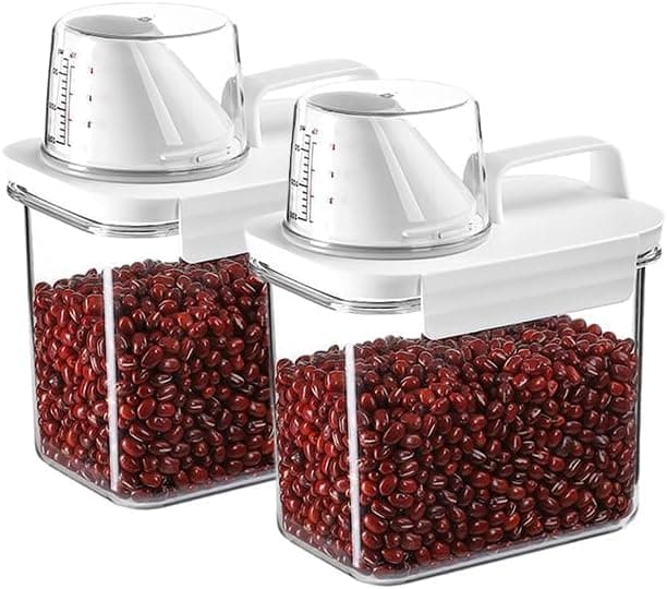 TRASSLE Rice Storage Container, Food Storage Containers with Lids Airtight and Measuring Cup Clear Plastic Kitchen and Pantry Organization Bin for Flour,Sugar,Grain & Rice | 2 Pcak (1100 ml)