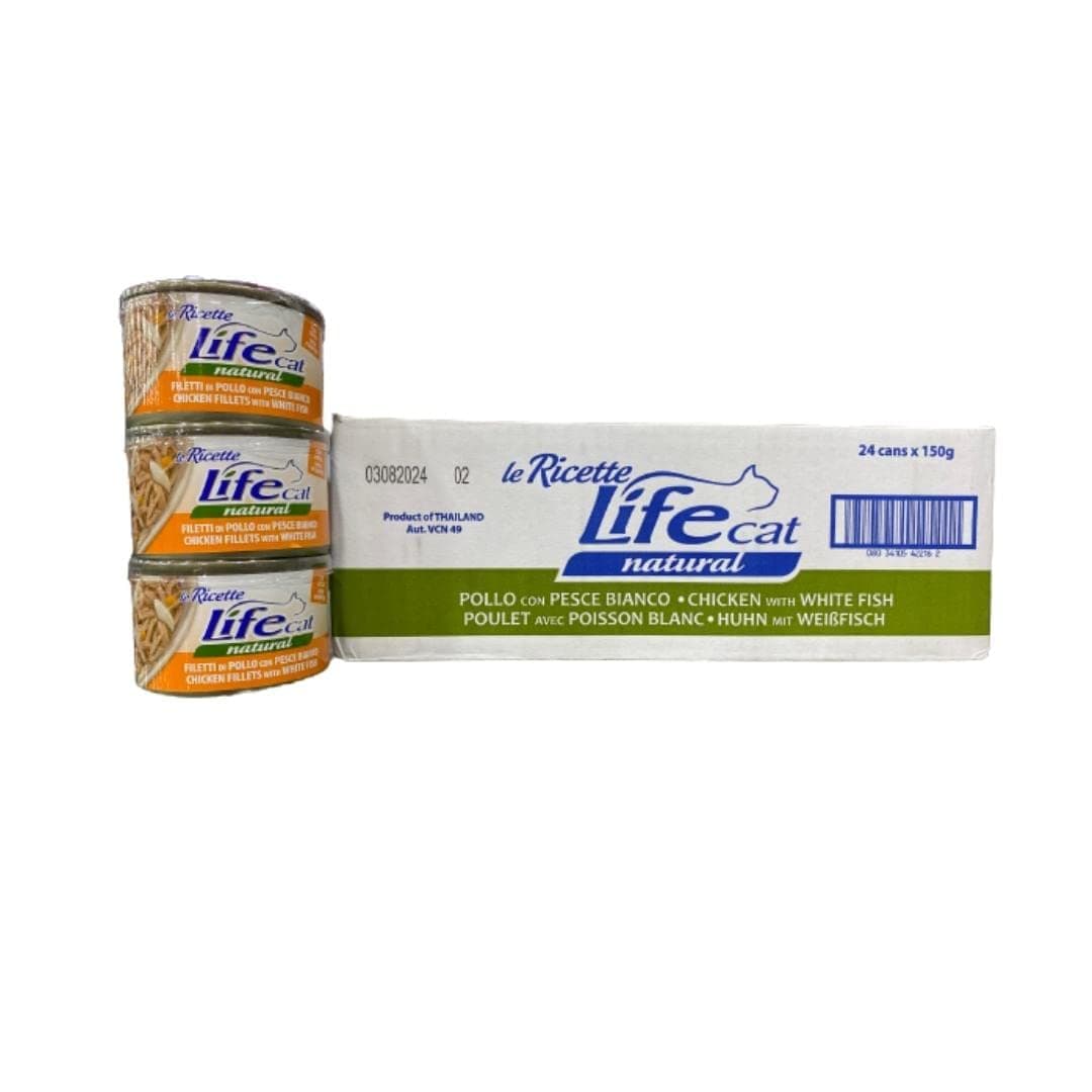 Life Cat Natural Recipes, Chicken and Fish White. 150 gr tin with Save Waste Stopper. (Pack of 24)