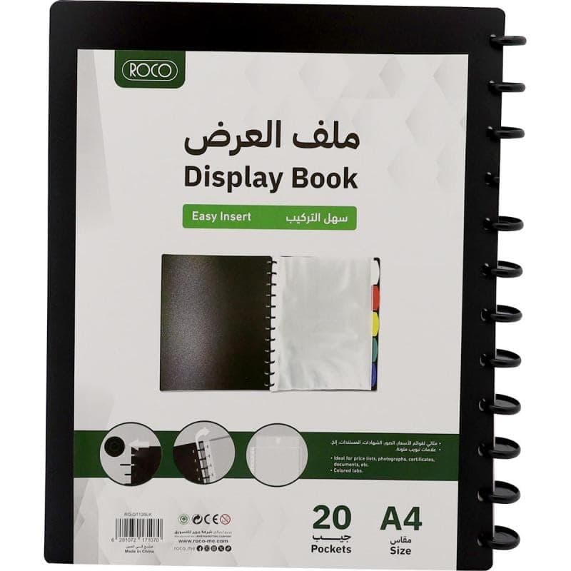 Roco Polypropylene 20-Pockets Display Book, A4 Size, Black