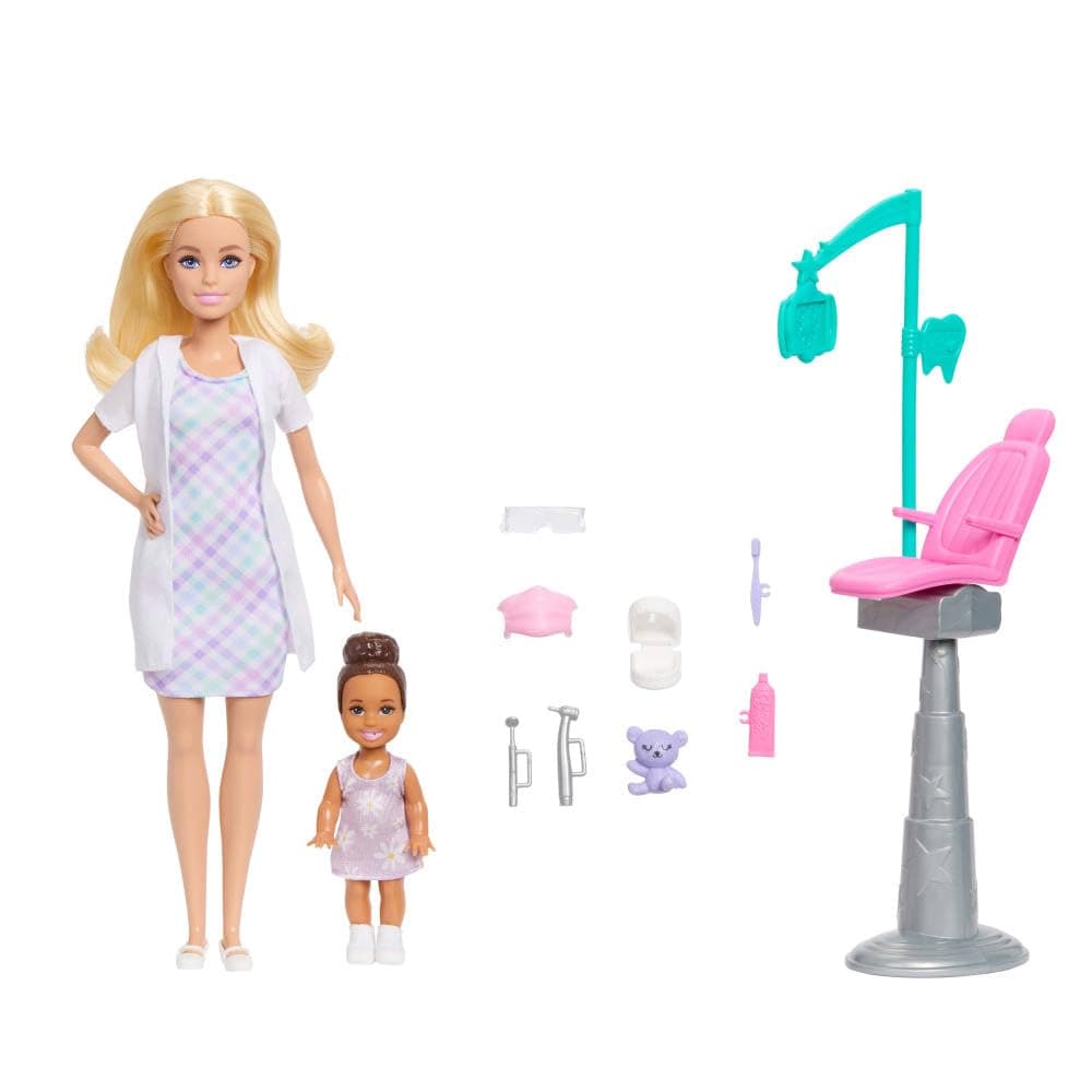 Barbie Careers Dentist Playset with Blonde Doll Wearing White Coat, Toddler Small Doll, Examination Chair & Accessories