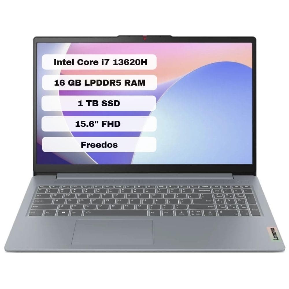 لينوفو IDEAPAD SLIM 3 مع معالج Core i7-13620H / ذاكرة وصول عشوائي (RAM) سعة 16 جيجابايت/محرك أقراص SSD سعة 1 تيرابايت/شاشة IPS بدقة FHD مقاس 15.6 بوصة/نظام التشغيل Win 11 (ترقية) / لوحة مضيئة
