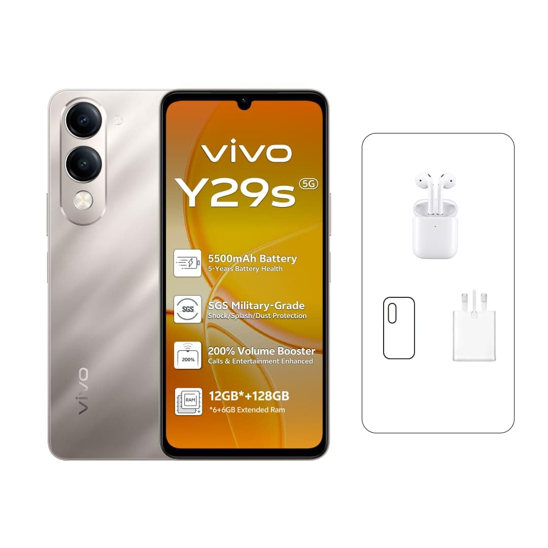vivo Y29s Titanium Gold - 6GB RAM | 128GB Storage | 6.74" HD Display | 50MP Camera | 5500mAh Battery | IP64 Water & Dust Resistant | Earbuds | 24 Months Warranty