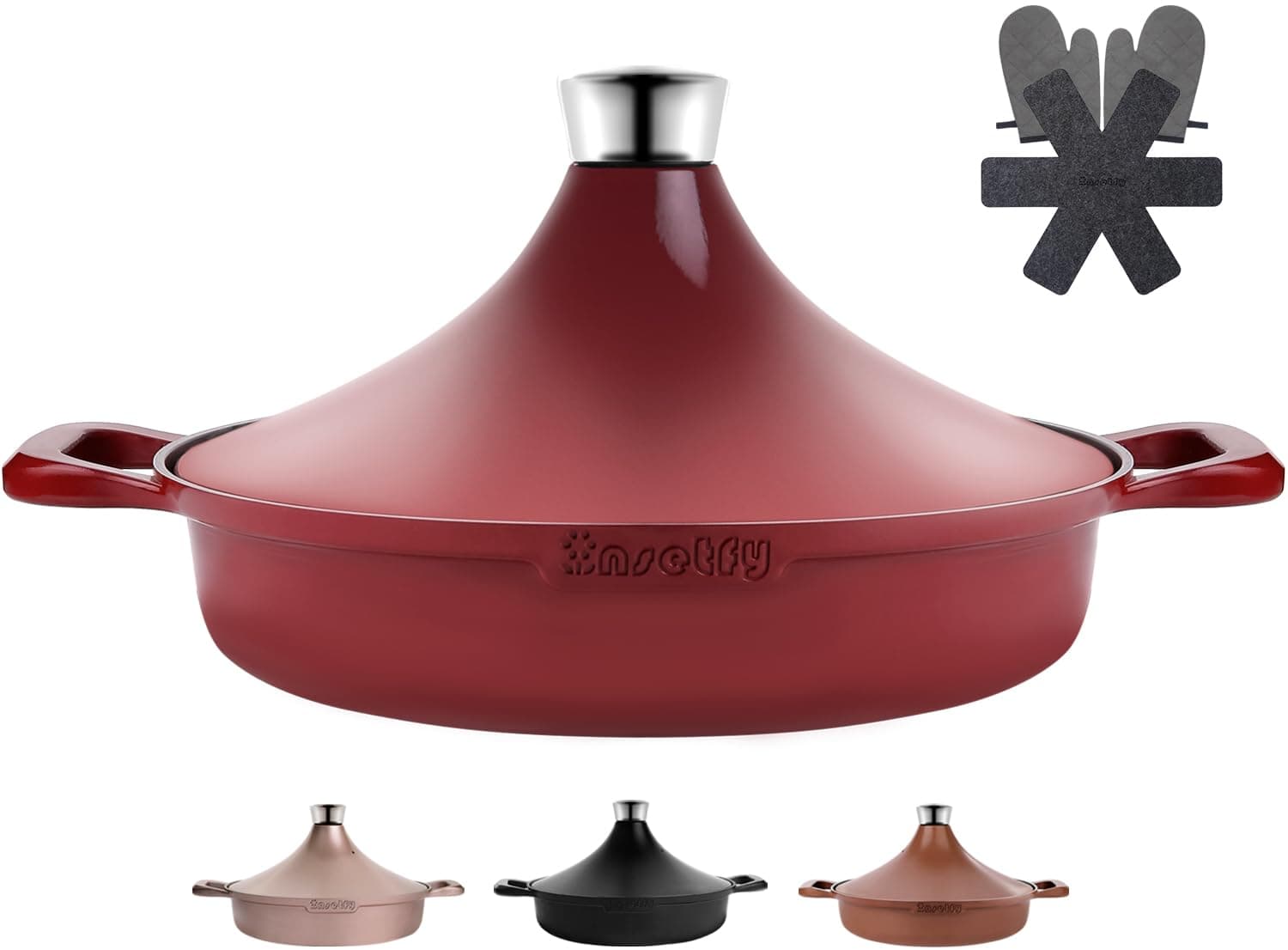 Non-Stick Frying Pan/Skillet 11", 3QT Tagine Pan,Cast Aluminum Pans with Lid, Stove/Oven-to-Table Cookware, Dishwasher Safe& Compatible with All Stovetops(Red)