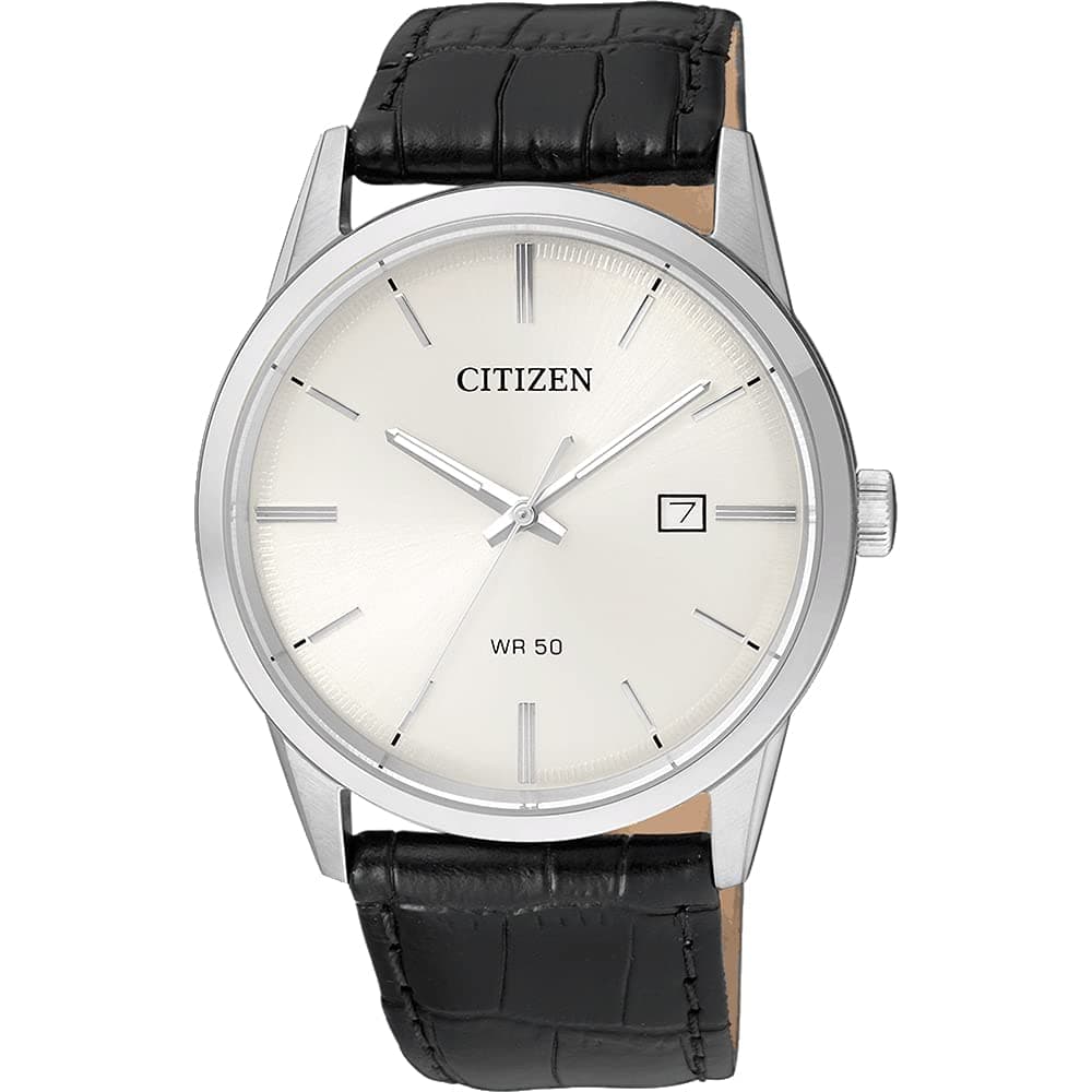 Citizen Quartz Mens Watch, Stainless Steel with Leather Strap, Casual