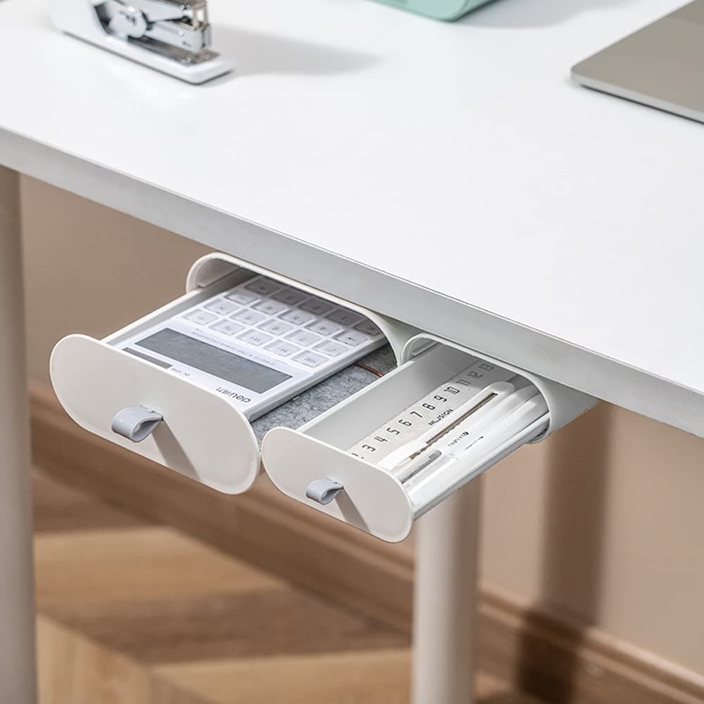 Fresh Mo Under Desk Drawer 2 Pack, Drawer Organizer Hidden Under Table, Set for Office/Kitchen/School/Home, Self-Adhesive Under Desk Storage for Pens/Pencils/Keys(White)