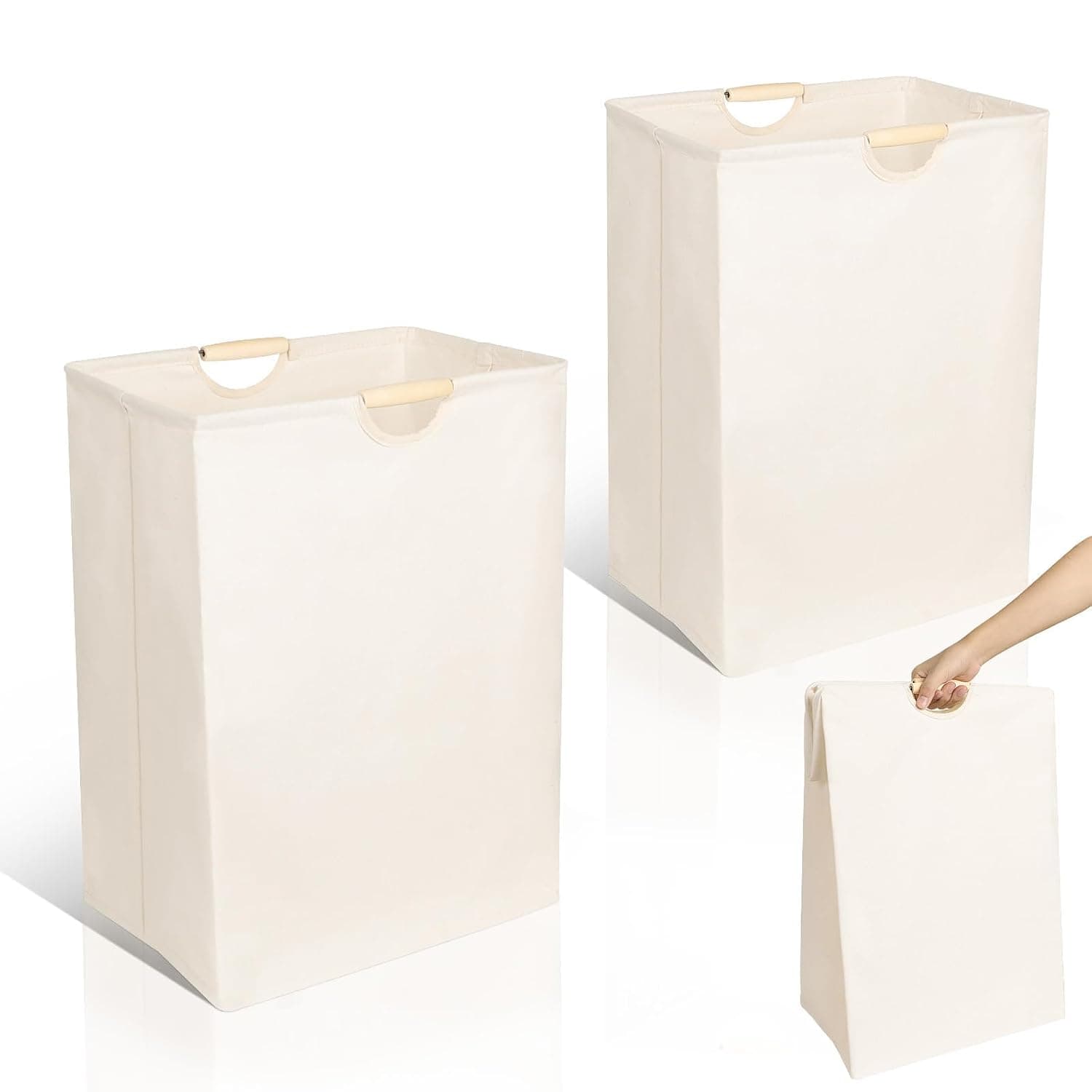 Foldable Laundry Hamper with Wooden Handle, Large Cotton Linen Laundry Basket, Portable Laundry Bin for Laundry Room Bedroom Bathroom College Dorm, Space-Saving Foldable Clothes Storage Basket, 57L