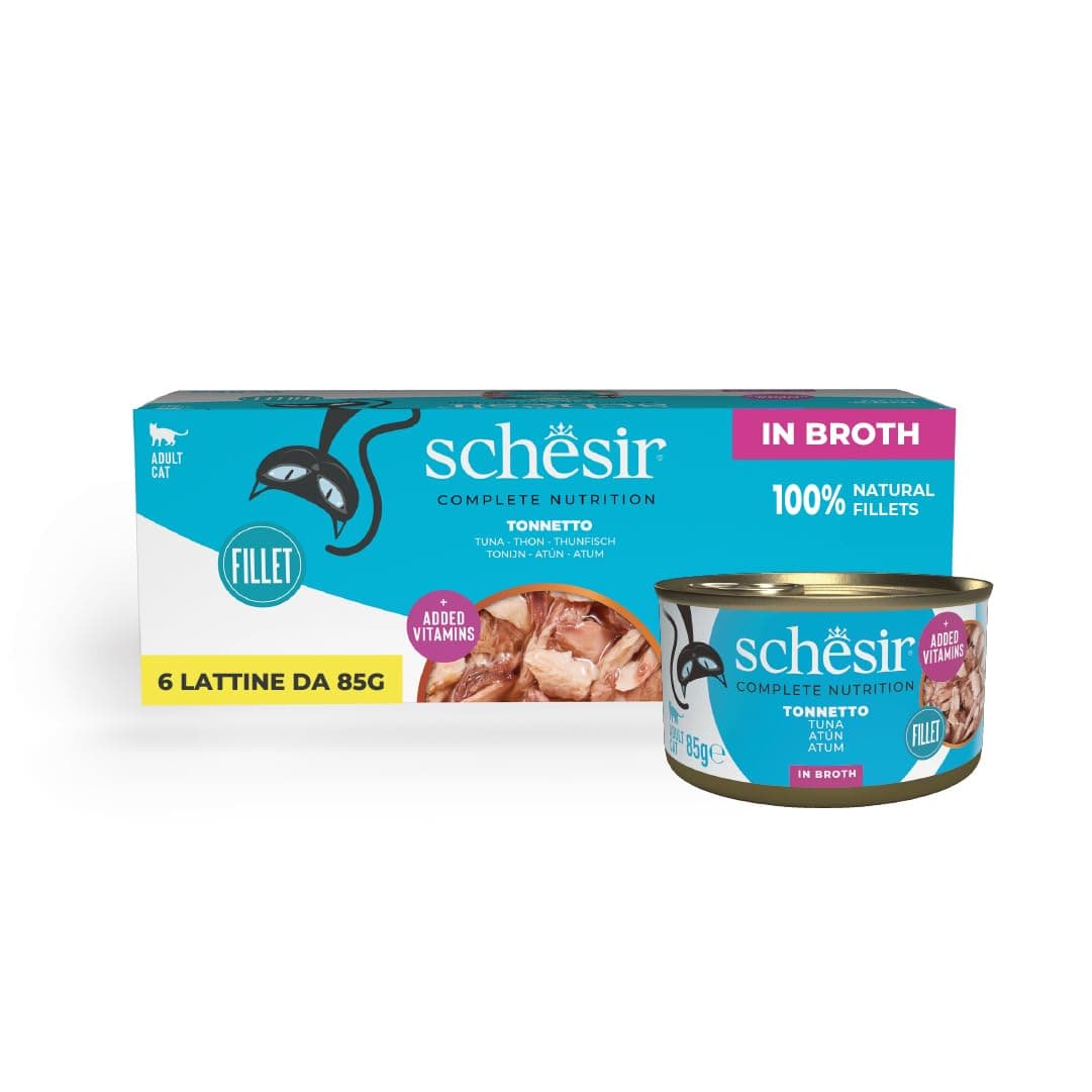 Schesir, Tuna in Broth Complete Wet Cat Food Tin with Extra Vitamins 100% Natural 6 x 85g