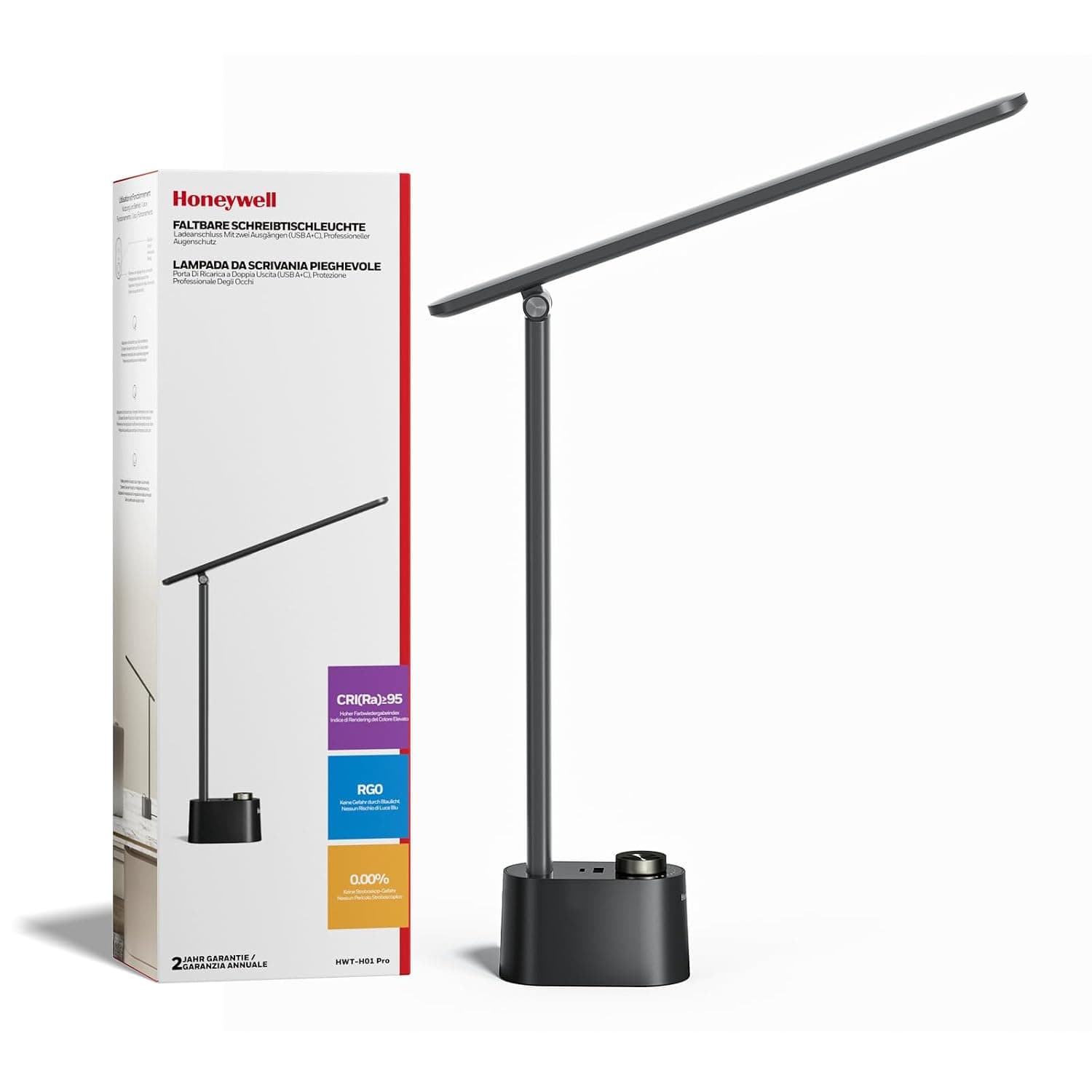 Honeywell LED Desk Lamp - H01 Pro Sunturalux™ Foldable Desk Lamp with USB A+C Charging Port, Dimmable in 3 Color Modes, for Home Office (Dark)