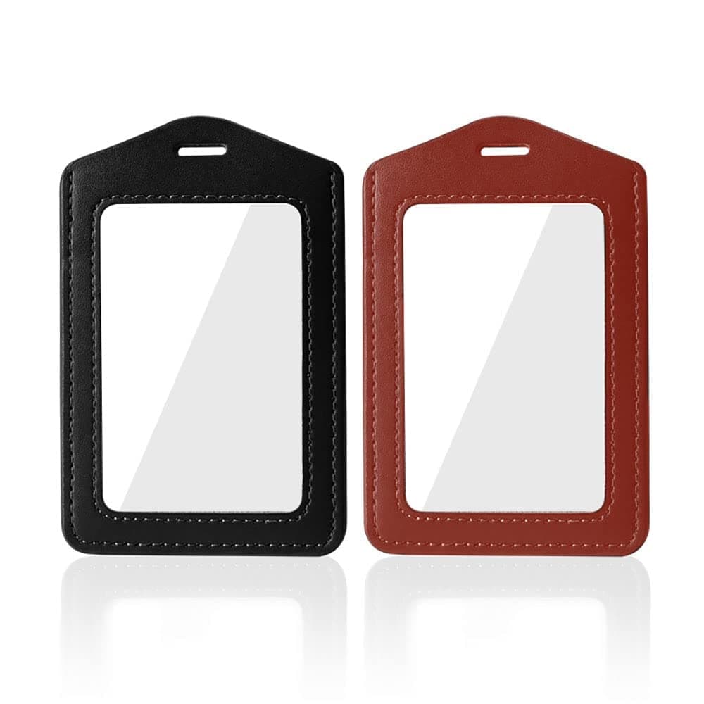 Larpur Pack of 2 Genuine Leather ID Badge Holders, Vertical ID Card Holders with Clear ID Window, Suit for Office, Staff, Students, Employees(2 Sided Clear)