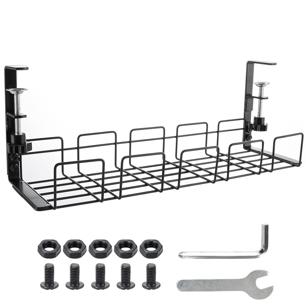 HASTHIP® No Drill Under Desk Cable Organizer Tray, Sturdy Metal Wire Basket for Space-Saving Cord Management, Easy Install Rack for Home & Office Standing Desk, 15x5x6 Inches