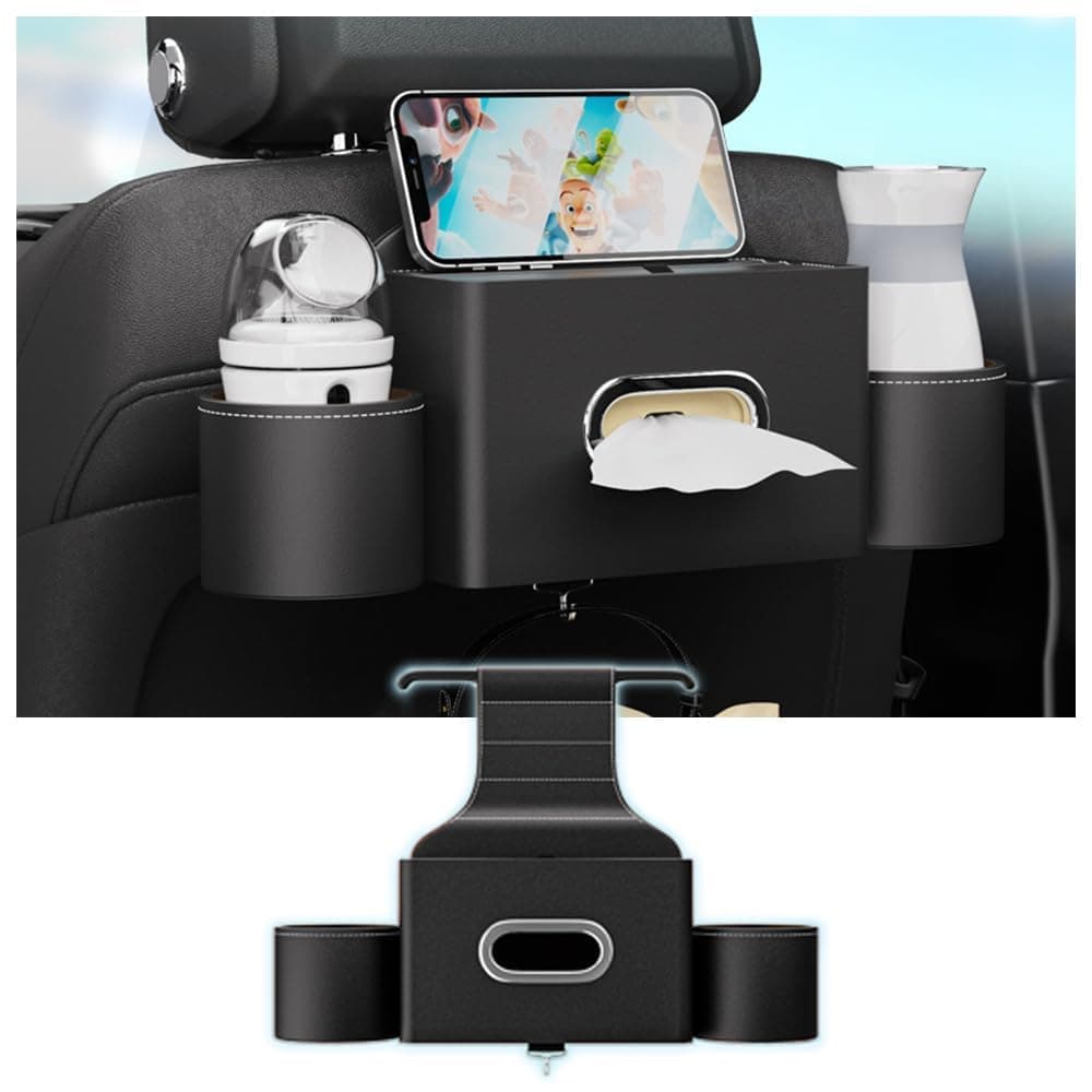 NALACAL Car Seat Back Organizer, Full Leather Cover Tissue Case Storage Box with 2 Cup Holders and Hook, Multi-functional Durable Back Seat Storage Tool for Fanily Travel and Kids Care (Black)