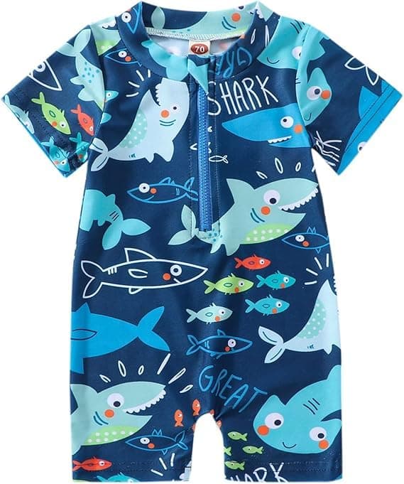Children One Piece Shark Swimsuit Short Sleeve Rash Guard Sun Protection Zip Up Swimwear Comfortable Bathing Suit with Cute Shark Design for Baby Boys and Girls (12-18 Months, Deep Sea Blue)