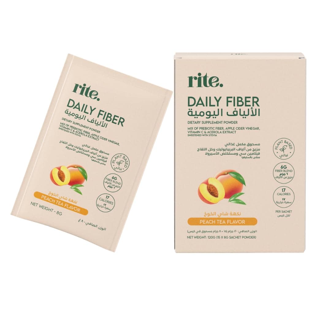 Rite DAILY FIBER, Prebiotic Fiber Drink Mix with Nutriose®, Acacia Fiber, Apple Cider vinegar, Vitamin C, Sugar-Free, Vegan, Peach Flavour, 15 Sachets