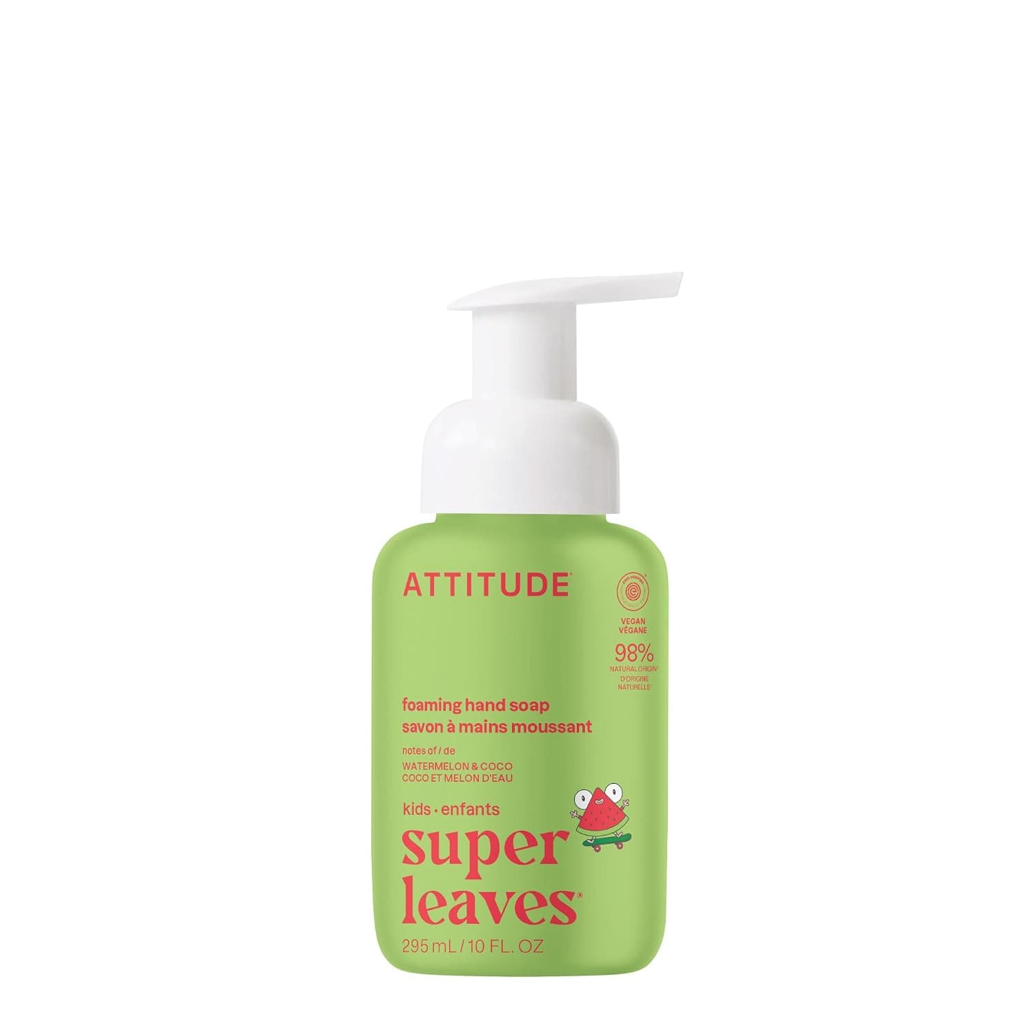 ATTITUDE Foaming Hand Soap for Kids, Hypoallergenic, EWG Verified, Plant- and Mineral-Based Ingredients, Vegan and Cruelty-free, Watermelon and Coco, 295 ml