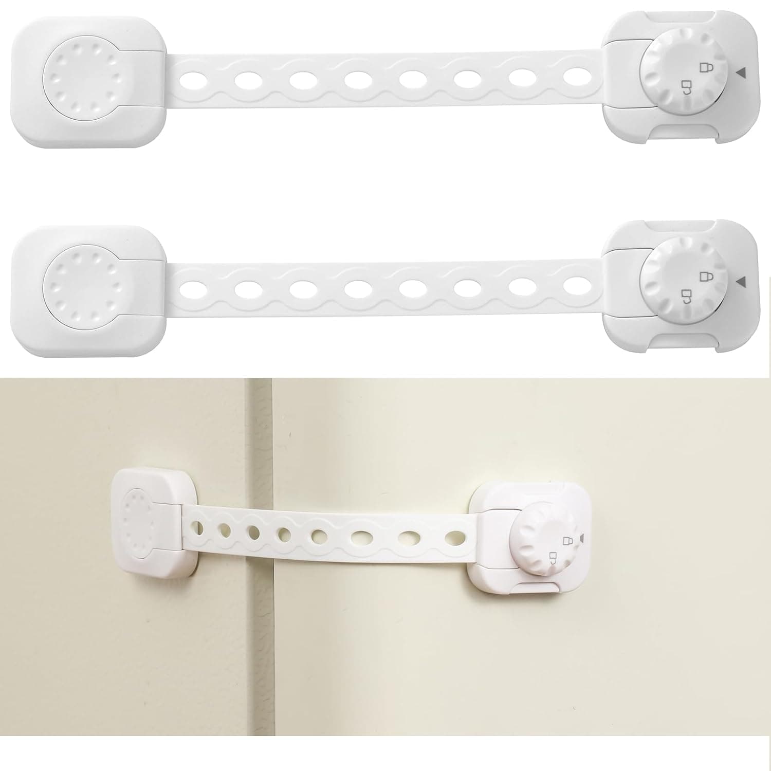 Tazweeq Child Safety Cabinet Locks, Baby Adhesive Adjustable Strap Latches, No Screws Needed No Drilling Required, for Drawer Fridge Ovens Toilet Kitchen Furniture, White, 2Pack