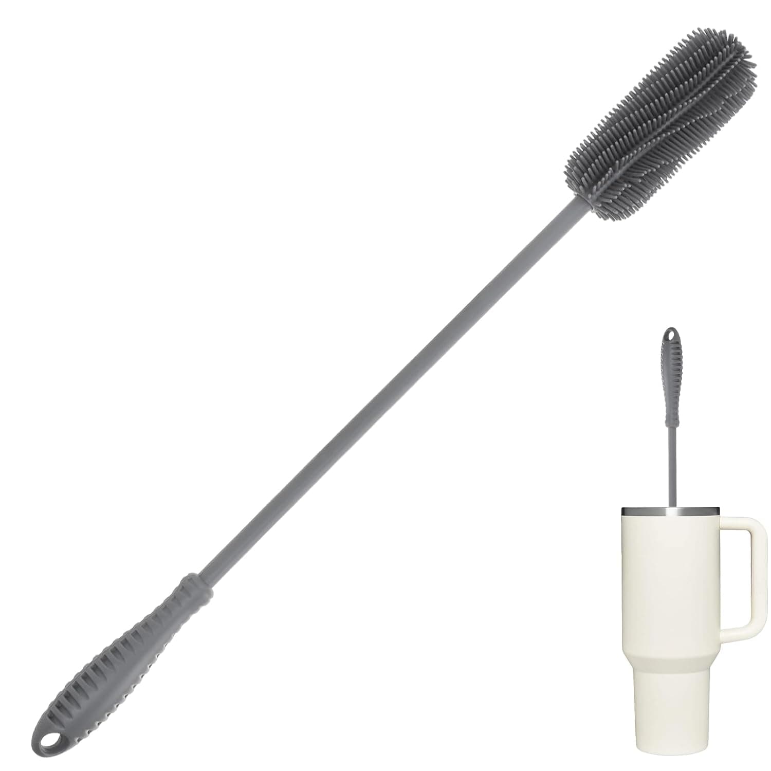 Silicone Bottle Cleaning Brush with Long Handle, Water Bottle Cleaner for Baby Bottles, Hydro Flask, Sports Bottle, Vase, Glassware, Perfect for Smaller Diameter Bottle Openings (Qty 1) (Long Grey) | Grey, Bottle Swab for Sports Bottles, Glass, Thermos, Suitable for Small Mouth