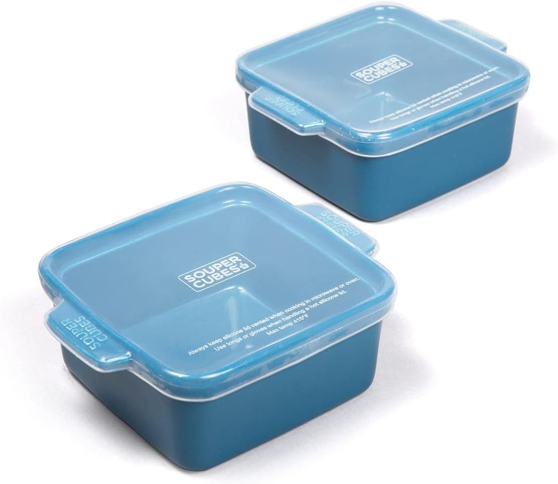 Souper Cubes Stoneware - 5" x 5" Baking Dishes for Oven with Silicone Covers, Premium Mini Ceramic Baking Dishes, Perfect for Reheating Individual Portions in Oven or Microwave, Set of 2 - Blueberry | Small Oven Baking Dish Stoneware, Perfect For Reheating Lasagna, & Individual Portions - Oven, Air Fryer, & Microwave Safe