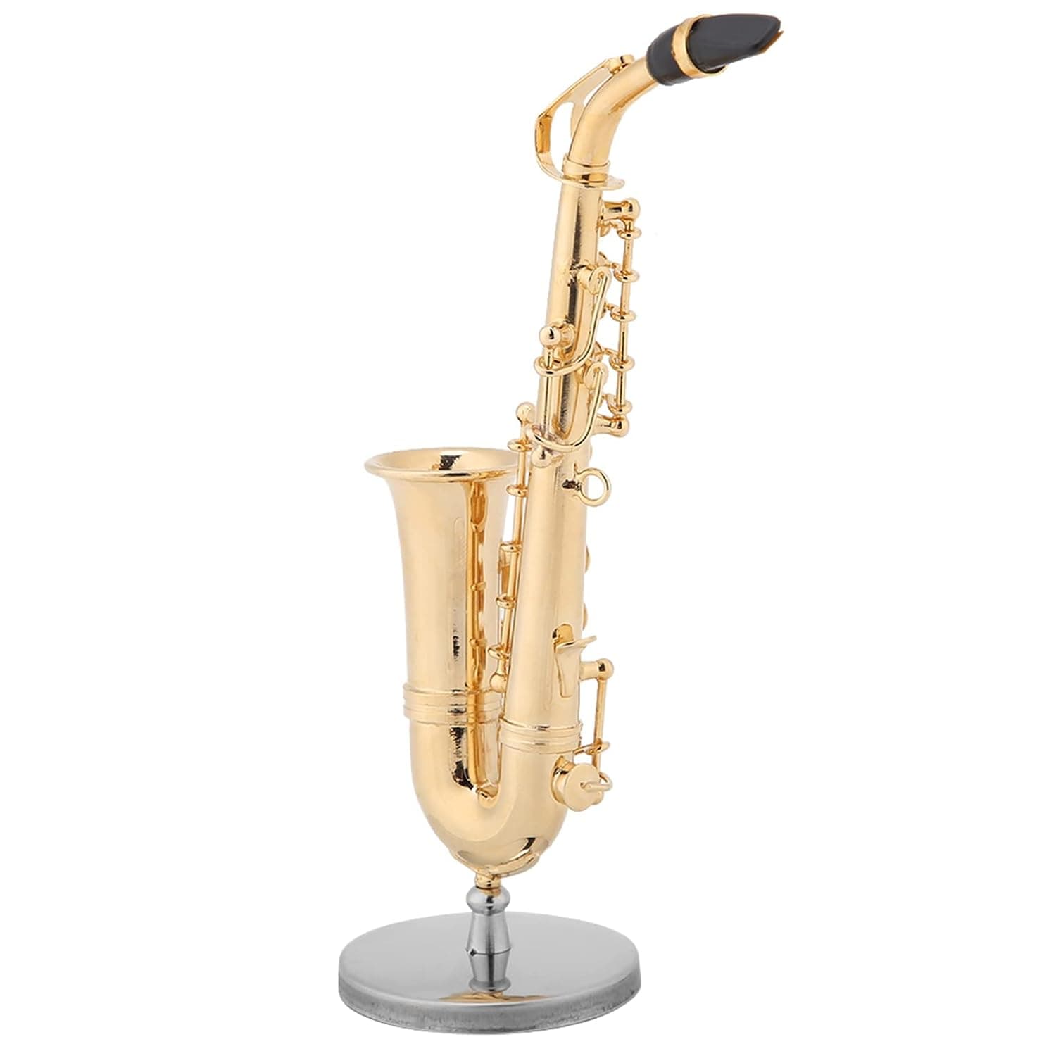 Miniature Brass Gold Plated Alto Saxophone Replica with Stand, Ornament and Wooden Case, Musical Instrument Model for Home Decoration and Gifts