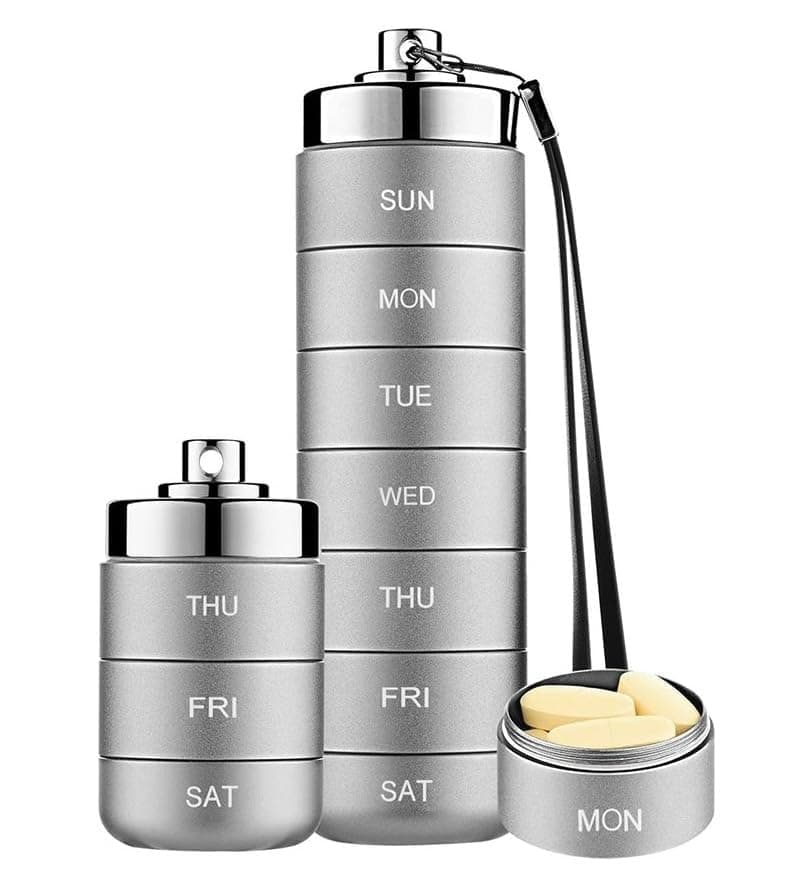 Metal Travel Pill Organizer, Weekly Waterproof Metal Pill Case, Portable 7 Day Vitamin Organizer Stackable for Hiking Camping Vitamin Fish Oil Supplement