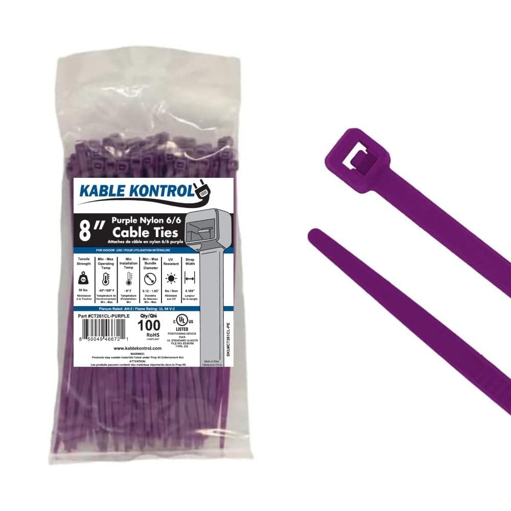 Kable Kontrol Cable Zip Ties, 8 Inch, 100 Pcs, 50lbs Test, Purple | Nylon Plastic, Self Locking, UL Listed, Indoor Use