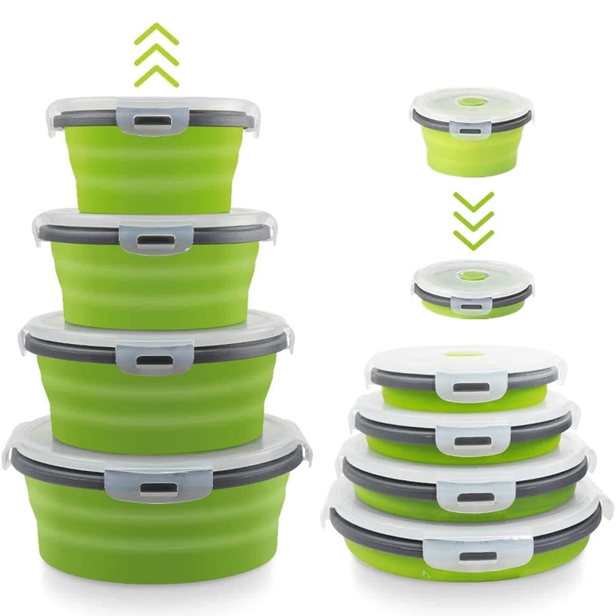 Collapsible Bowls for Camping, Set of 4 Silicone Food Containers with Lids, RV Storage and Organization, RV Kitchen Accessories, Freezer-Safe, Dishwasher-Safe (Green)