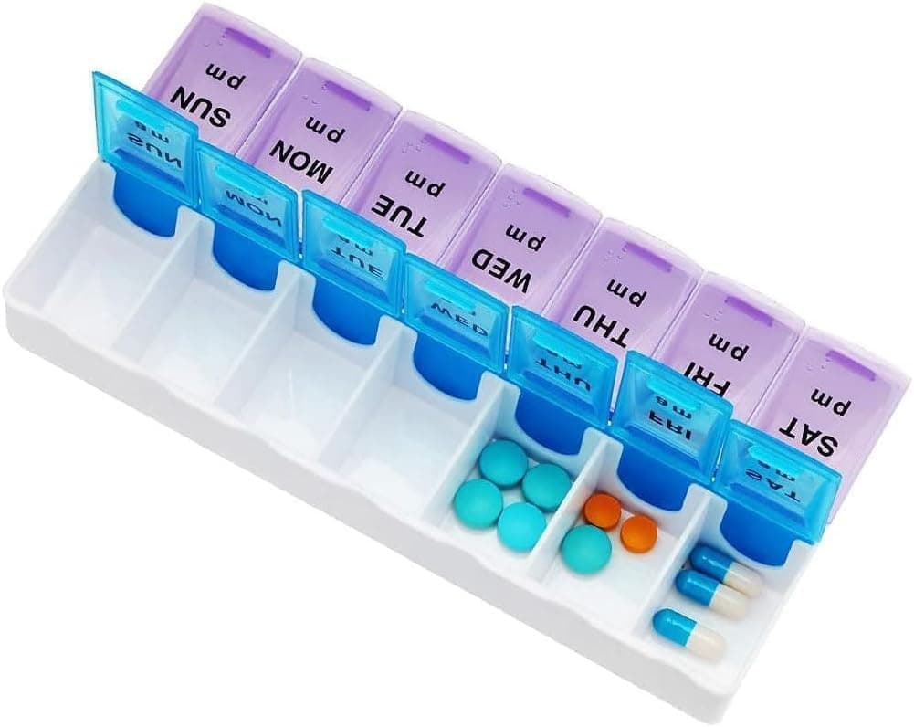 X spring 7 Day Pill Organizer, Large AM PM Pill Box with 14 Compartments, Portable Medicine Organizer with Secure Snap-Lock Lids for Vitamins Supplements and Daily Medications