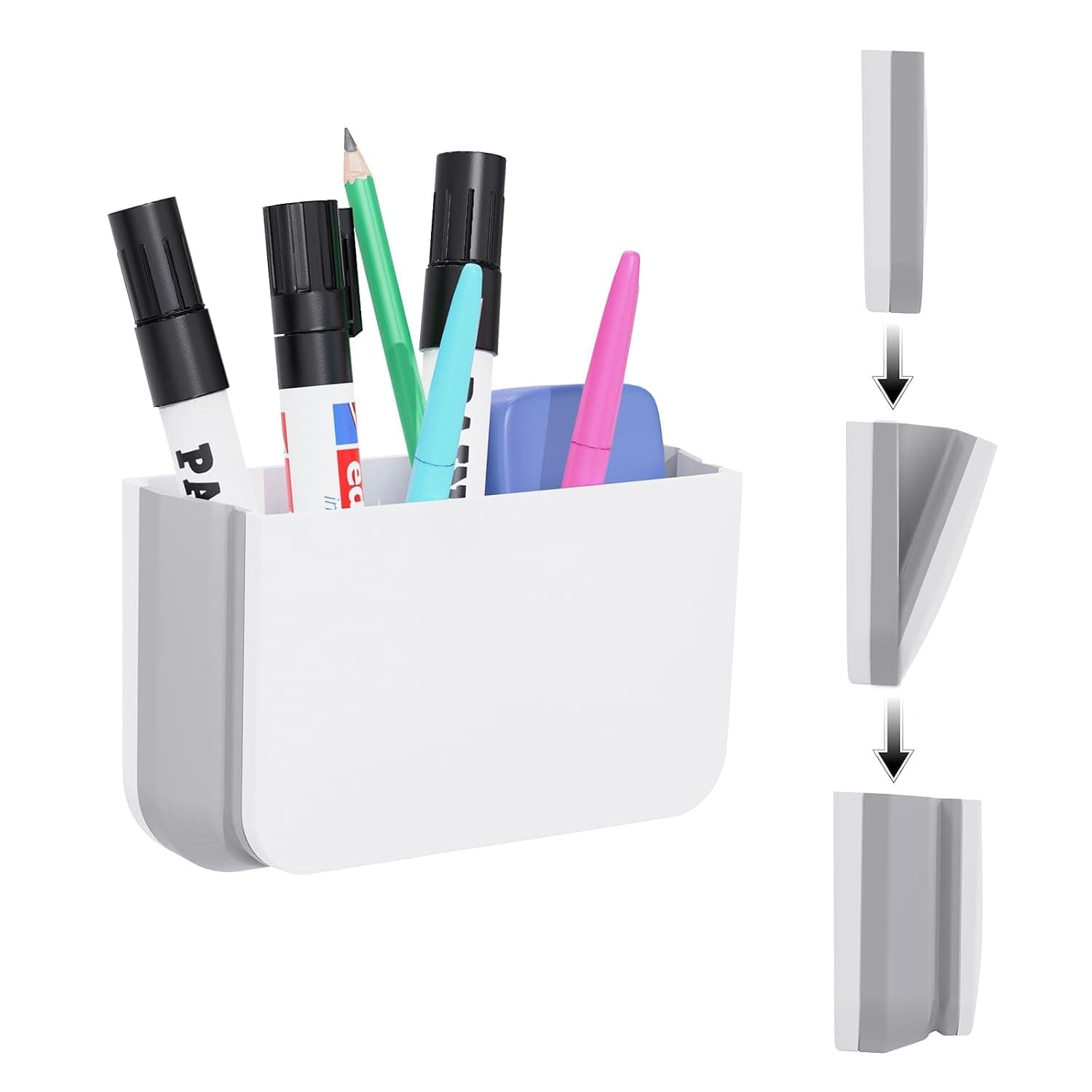 Magnetic Foldable Pen Holder, Dry Erase Marker Pencil, Strong Magnet Remote Storage Organizer for Office, Whiteboard, Locker, Home Refrigerator, Desk Accessories(1 Pack White)