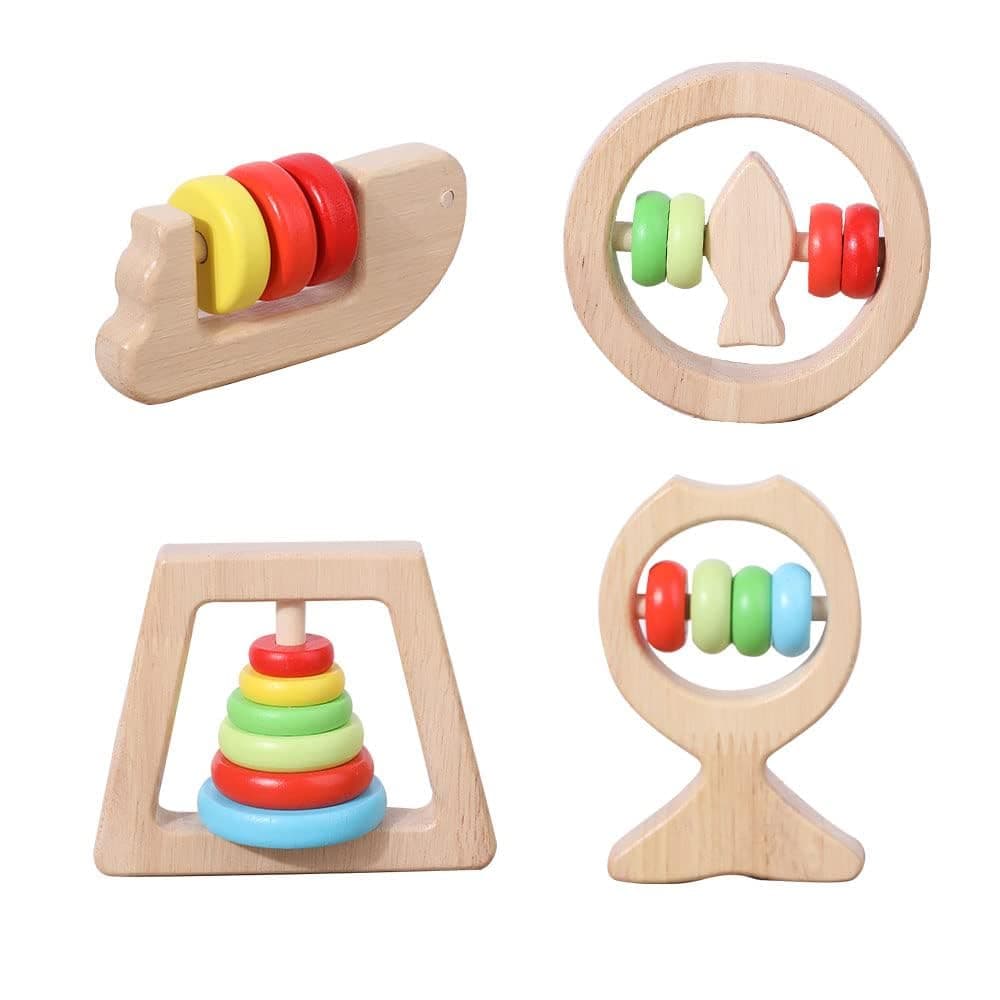 Baby Wooden Rattle Toy Set, 4Pcs Rainbow Color Shaker Bell Set, Infant Rattle Sensory Development Wooden Toys Set for Baby, Toddler