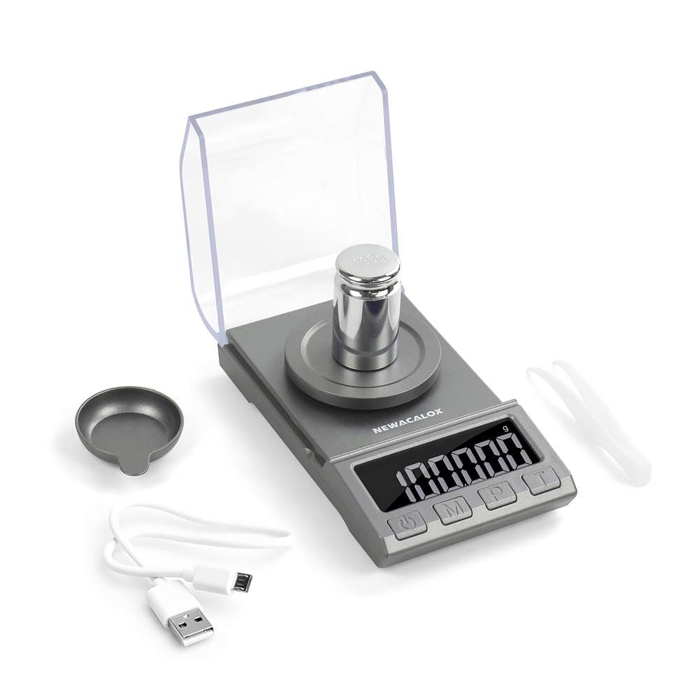 Digital Milligram Scale, 100g x 0.001g NEWACALOX Reloading High Precision Jewelry Scale,Portable Jewelry Scale with Calibration Weights Tweezers Weighing Pans and USB Cable