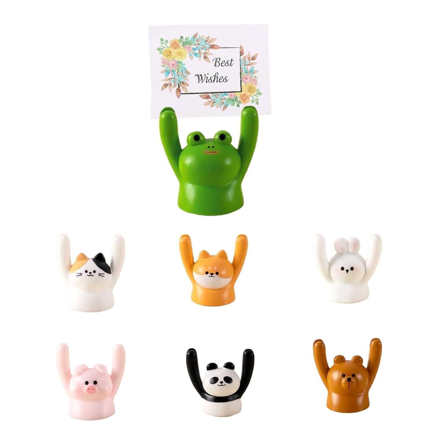 Bukela 7Pcs Cute Raising Hand Animal Photo Holder Desktop Card Message Note Memo Folder Resin Number Clips for Office Home School Table Car Interior Decors