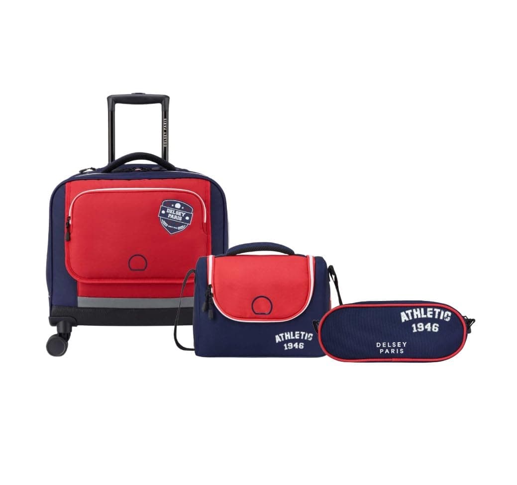 Academie 3-Piece Kids School Trolley Wheeled Bag 15.6 + Pencil Case + Lunch Bag (Set of 3pcs) - Red