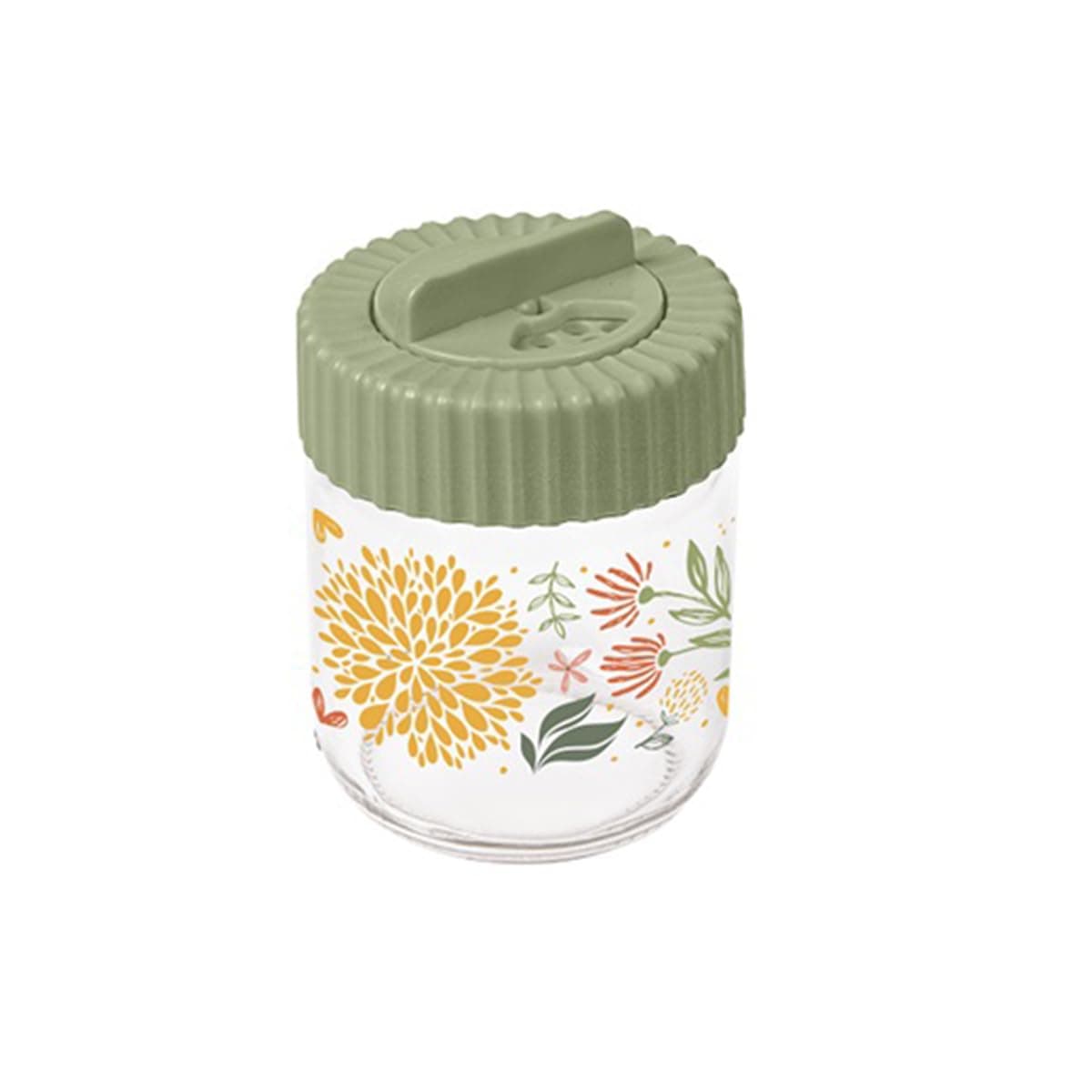 Herevin 200ml Glass Decorated Spice Jar with Airtight PP Green Lid - Botanic Design, SCT Glass Container for Kitchen Storage of Spices, Herbs, and Seasonings