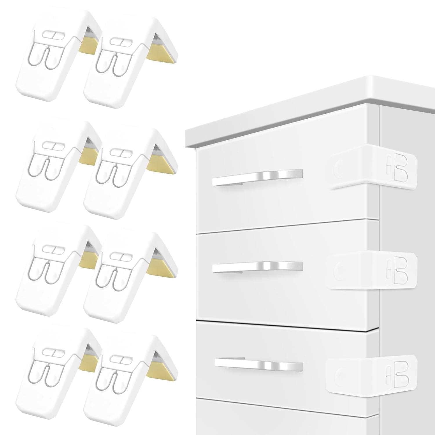 Tazweeq 10 Pcs Safe Drawer Locks, Baby Proofing Angle Type Drawer Lock, Child Safety Locks for Cabinets, Dual-button Baby Proofing Corner Locks with Strong Adhesive for Cabinet