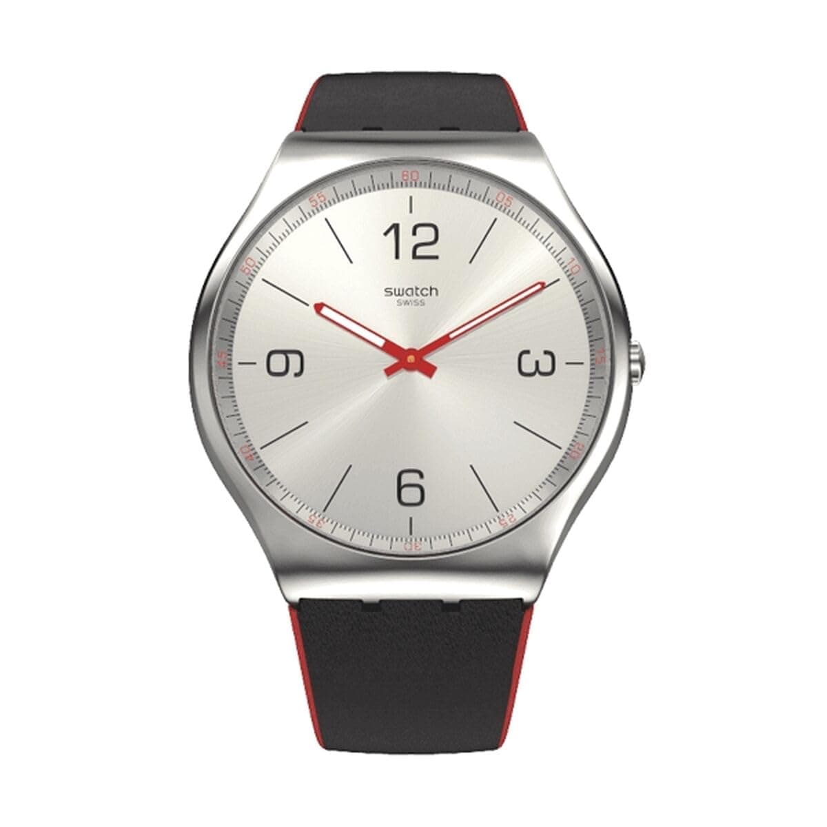 Swatch SS07S104 Leather Contrast Hands Round Analog Unisex Watch - Black