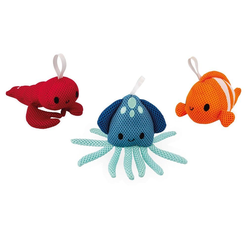 Janod - 3 Children’s Bath Plush Toys - Learn to Wash - Fabric Lobster, Clownfish and Octopus - Bath Toys - 10 Months +, J04731