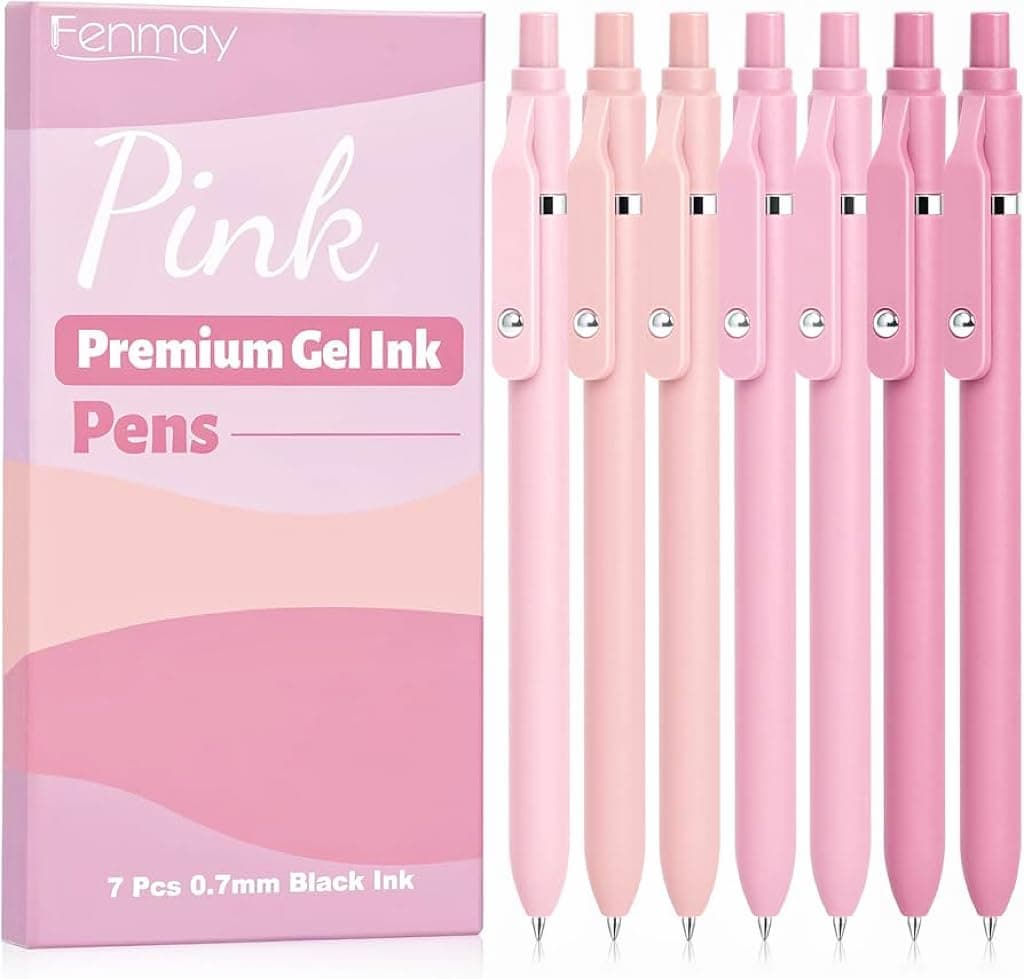 Fenmay Pink Pens Black Ink, 7 Pcs 0.7mm Fine Point Smooth Writing Gel Pens, Quick Dry & No Smudge, Cute Aesthetic Back-to-School Office School Supplies Gifts for Women & Students