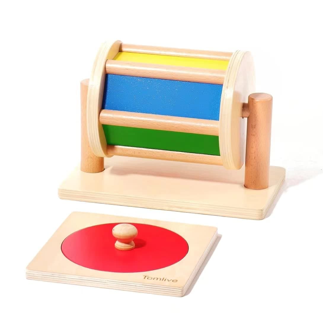 Montessori Toys Play Kit for Babies, Spinning Rainbow Drum, Montessori Mirror Peekaboo Knob Puzzle, Infant Tummy Time Toys, Wooden Baby Toys