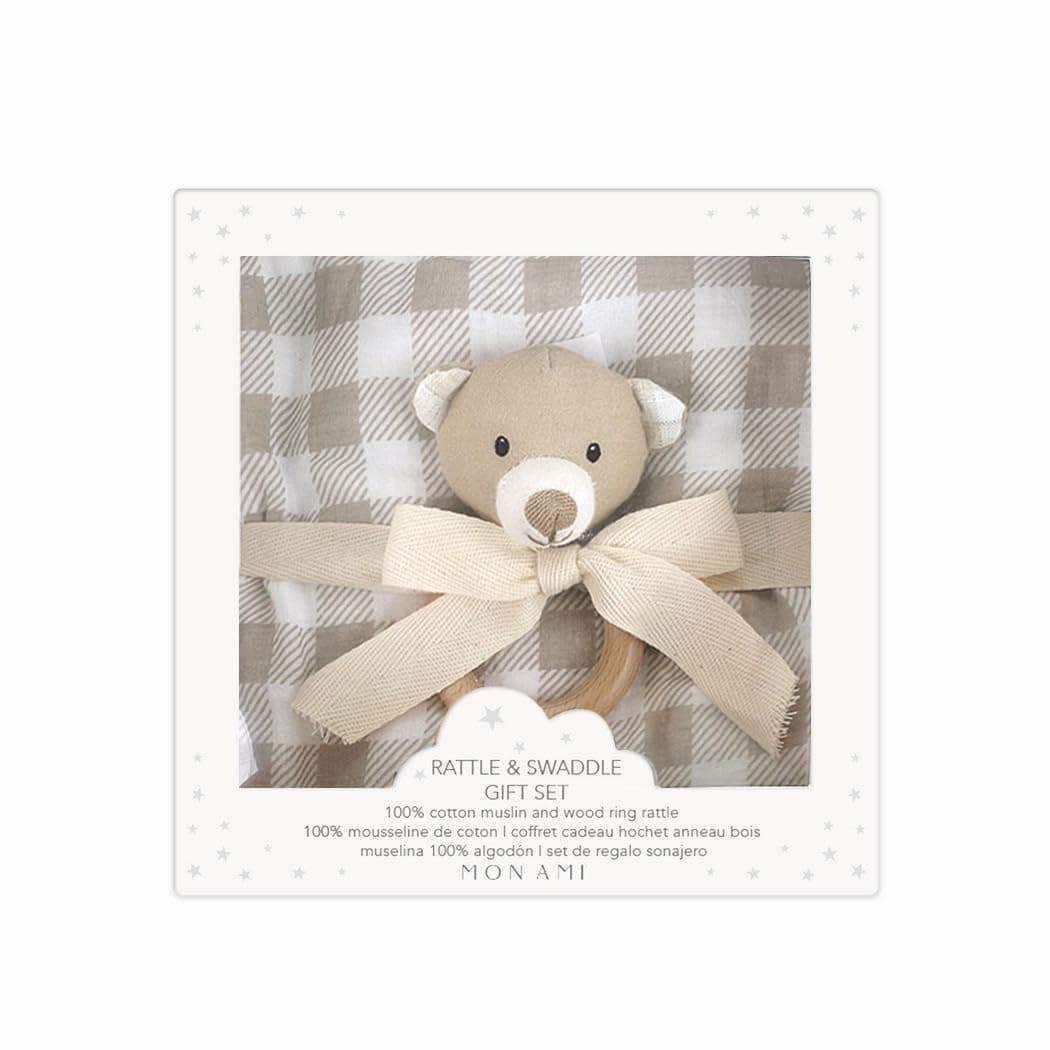 MON AMI Gingham Muslin Swaddle Blanket & Wooden Bear Ring Rattle Gift Set | 47 Inch Soft Cotton Baby Blanket & 6 Inch Plush Rattle | Perfect Newborn Essential for Birthdays & Baby Showers