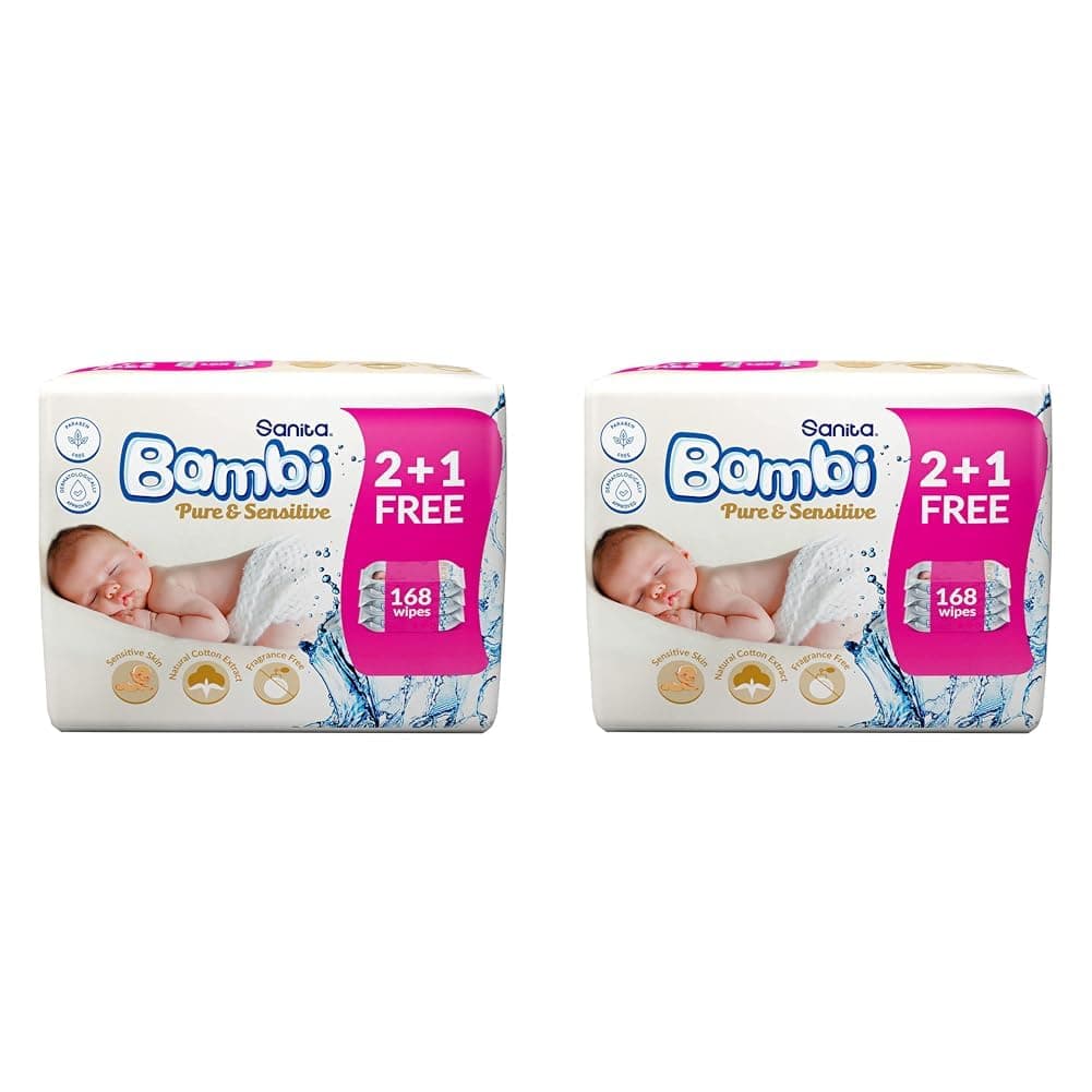 Sanita Bambi Baby Wet Wipes Pure and Sensitive - (2+1) 168 Wipes (Pack of 2)